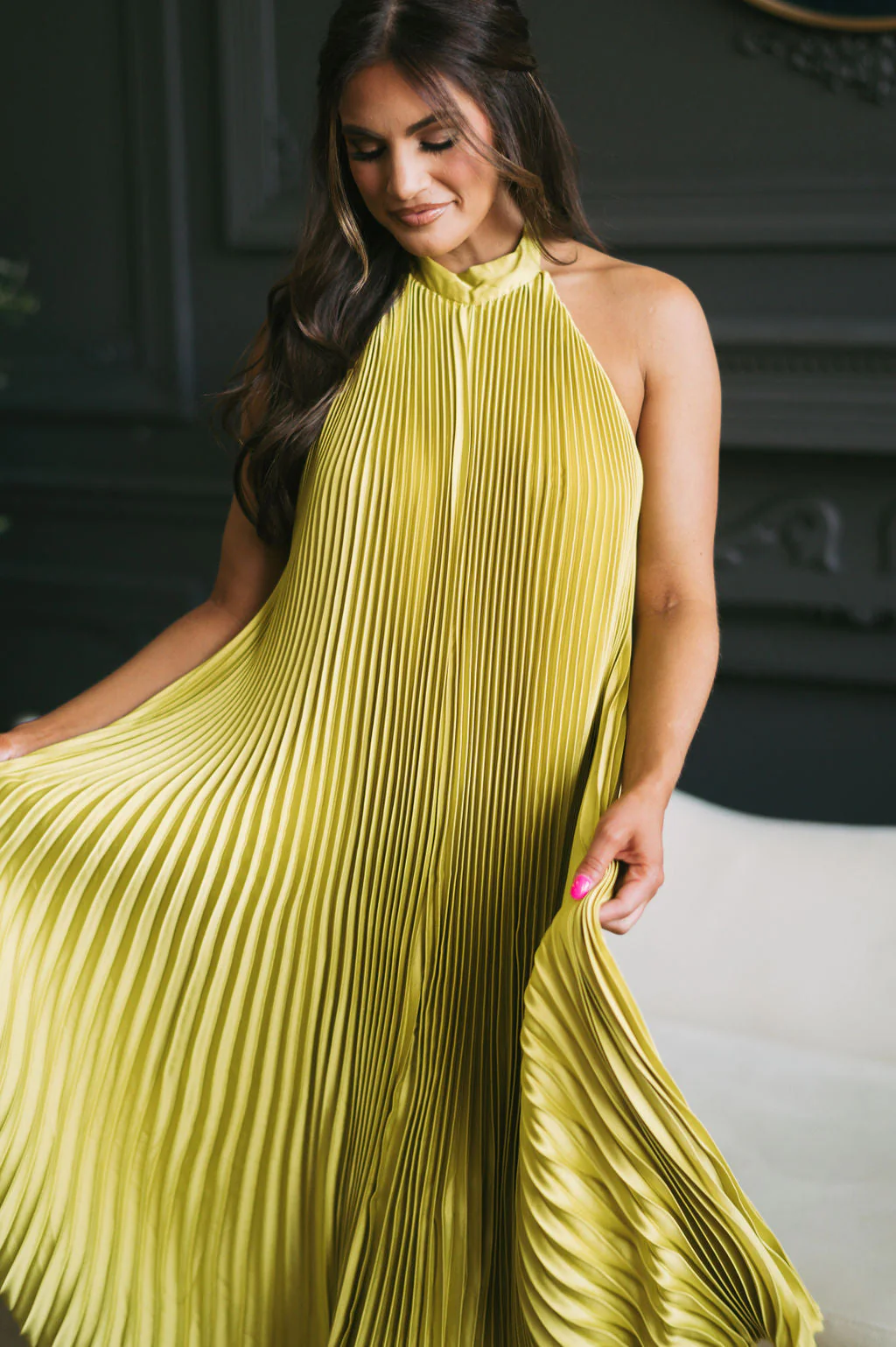 Halter Neck Pleated Midi Dress Chartreuse
