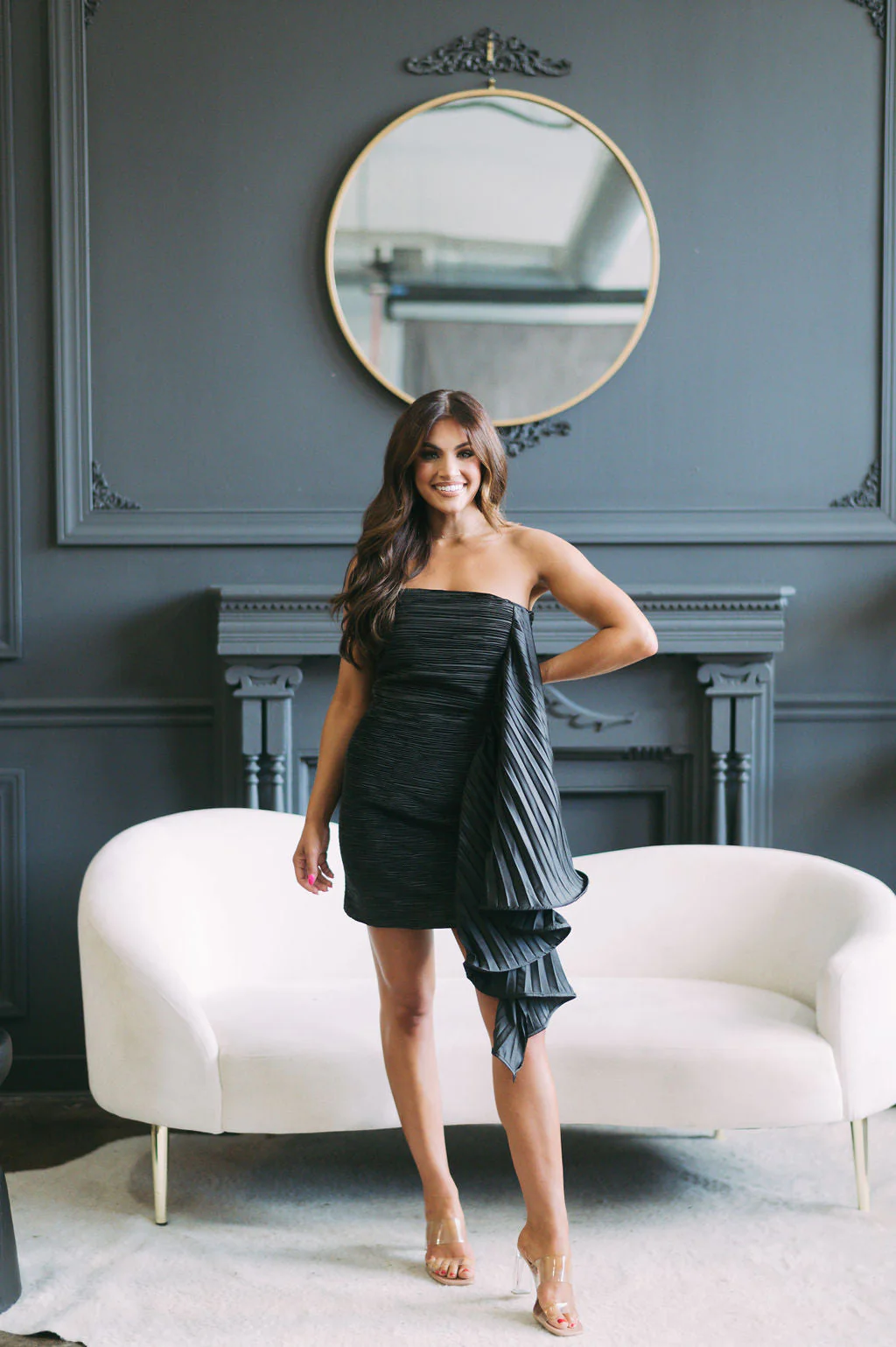 Side Draped Pleated Dress Black