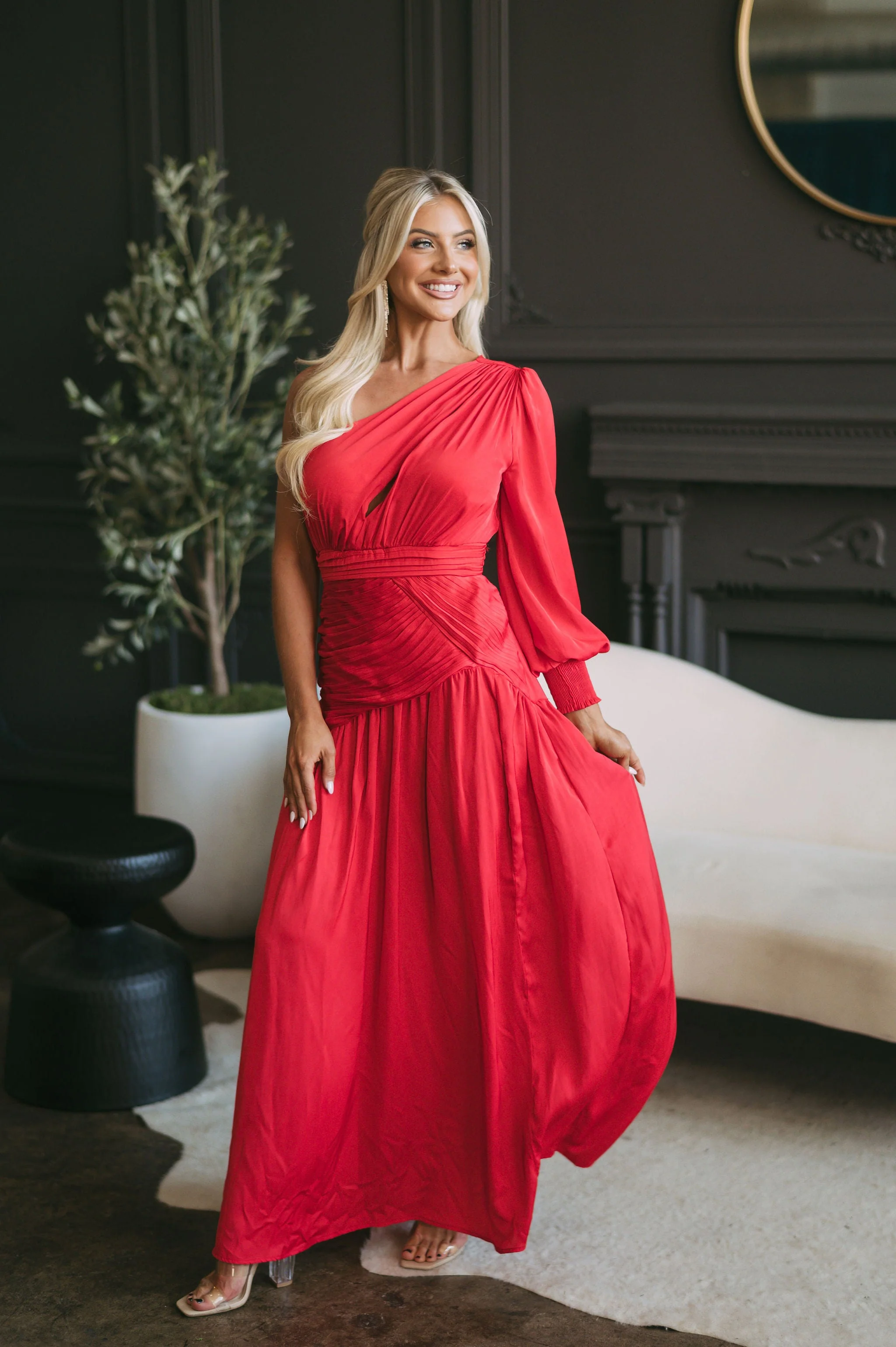 One Shoulder Pleated Maxi Dress