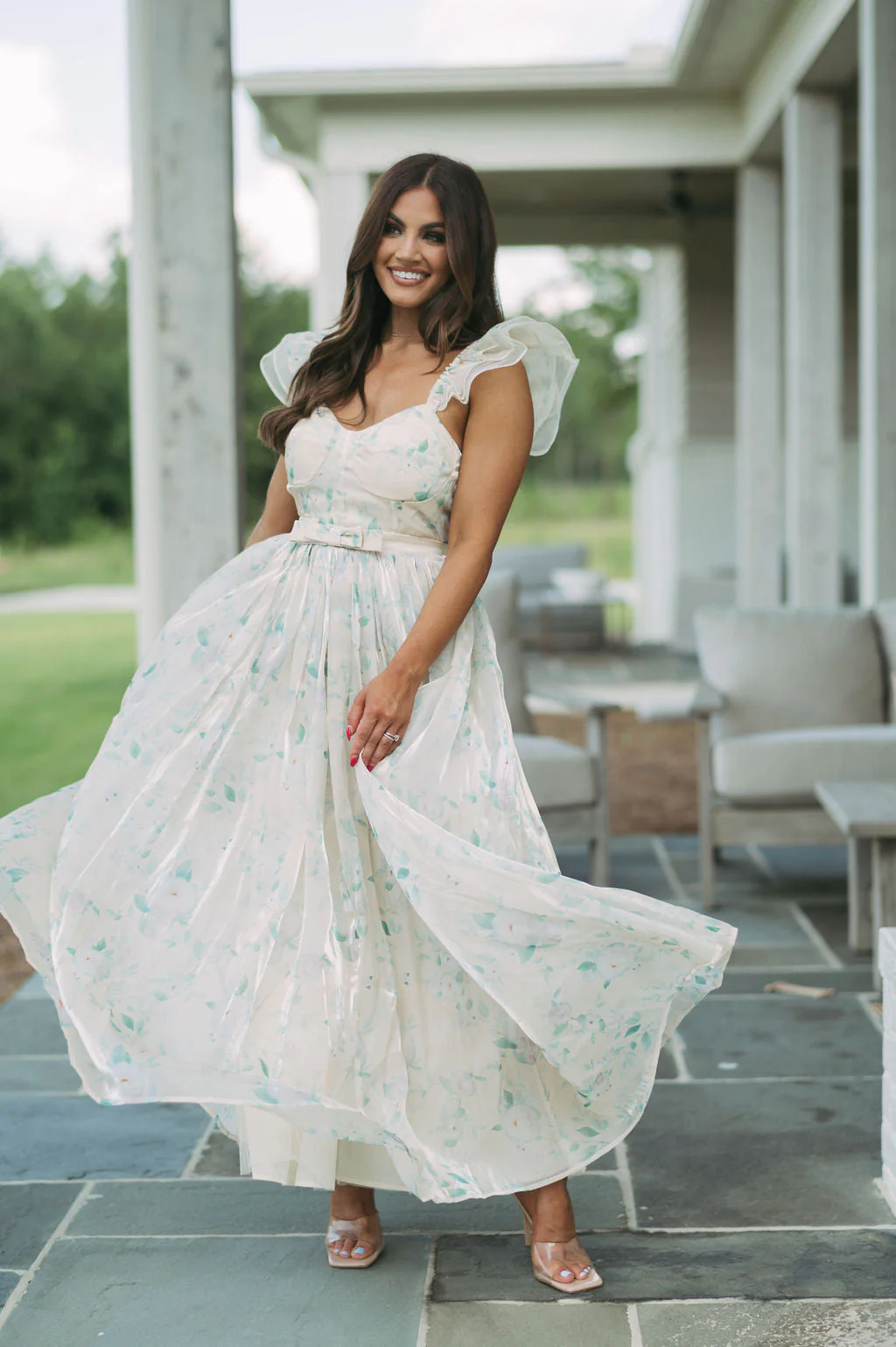 Organza Floral Maxi Dress-Cream/Green