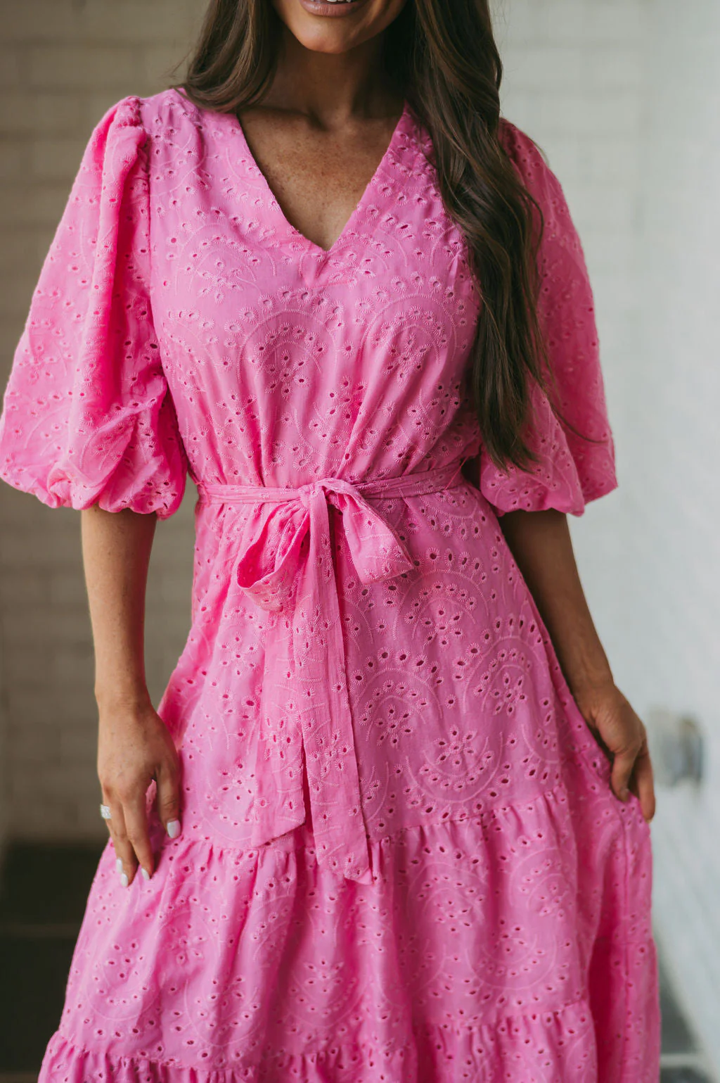 Eyelet Puff Sleeve Midi Dress