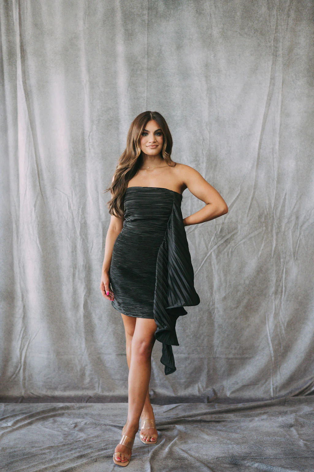 Side Draped Pleated Dress Black