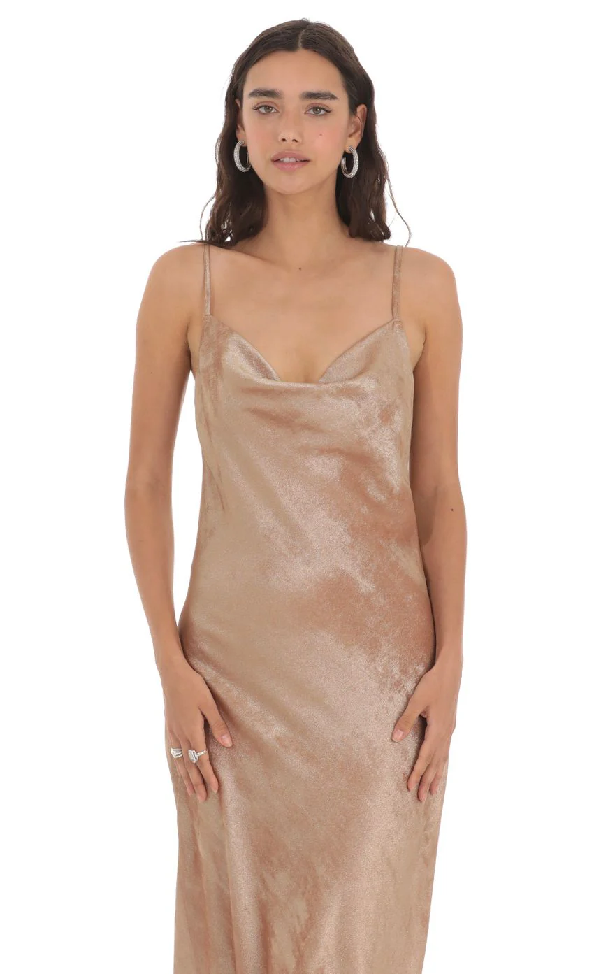 Crushed Shimmer Midi Dress in Sand