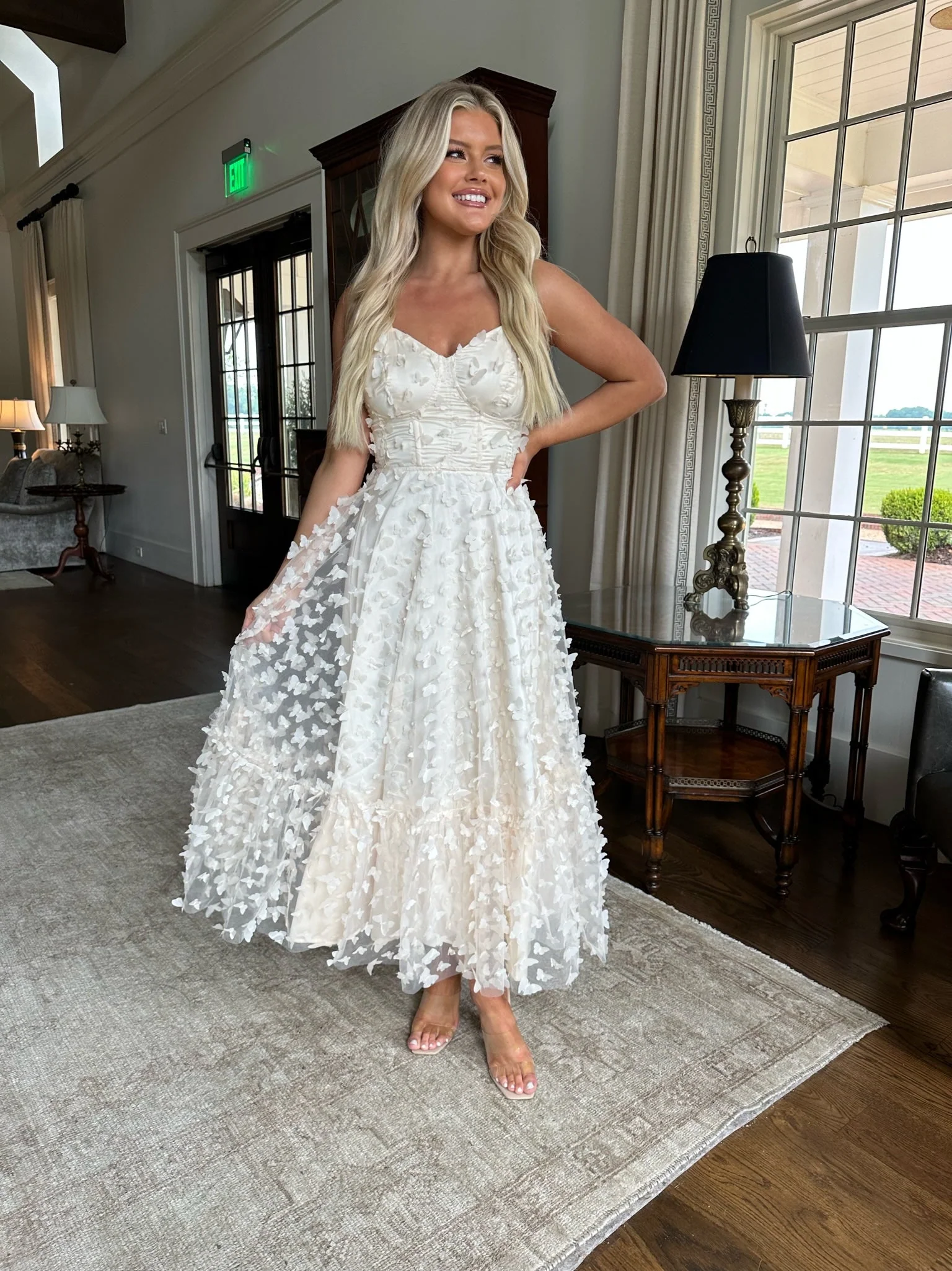 Butterfly Mesh Maxi Dress-Cream