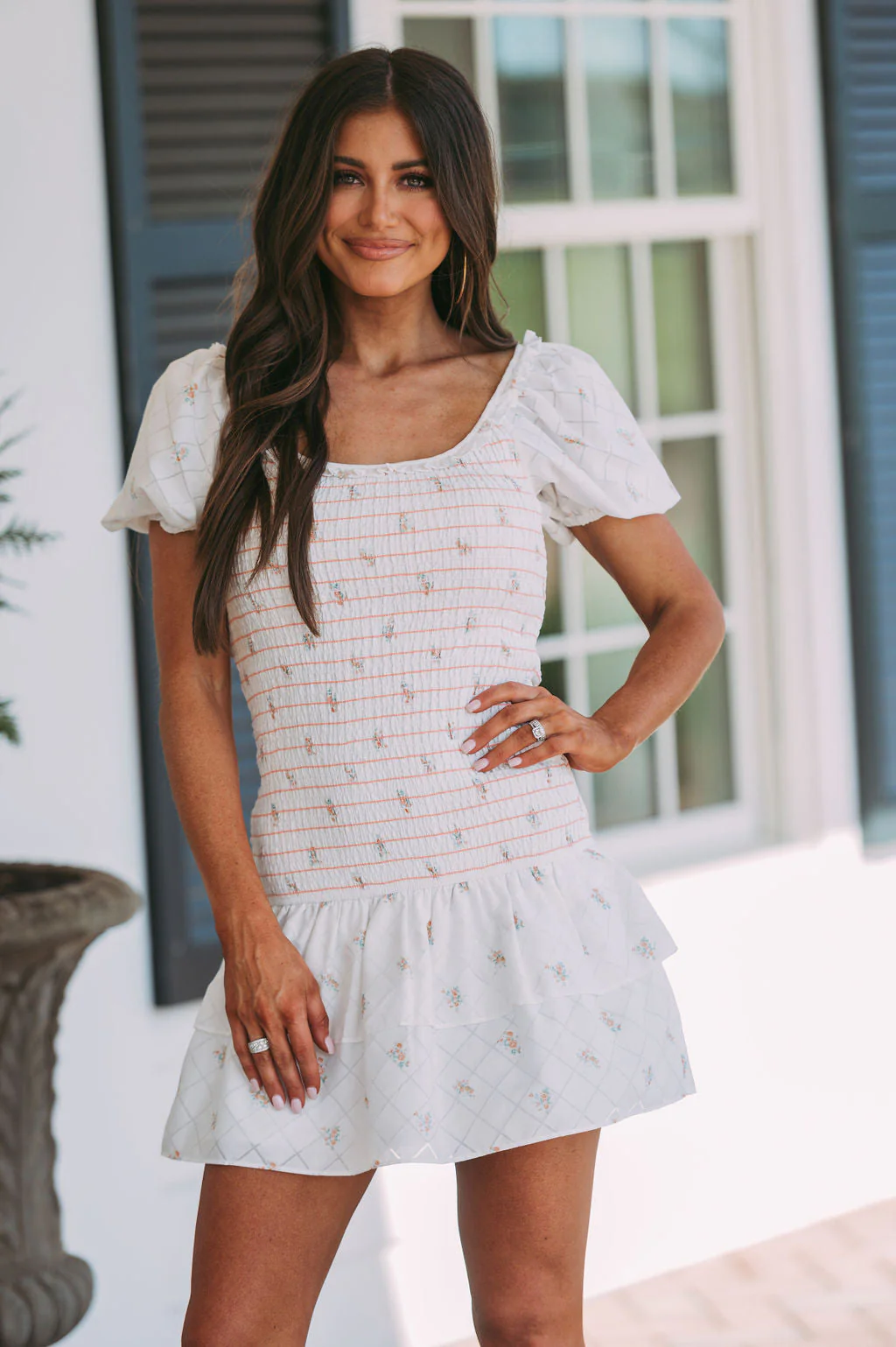 Smocked Flutter Dress-Orange Floral