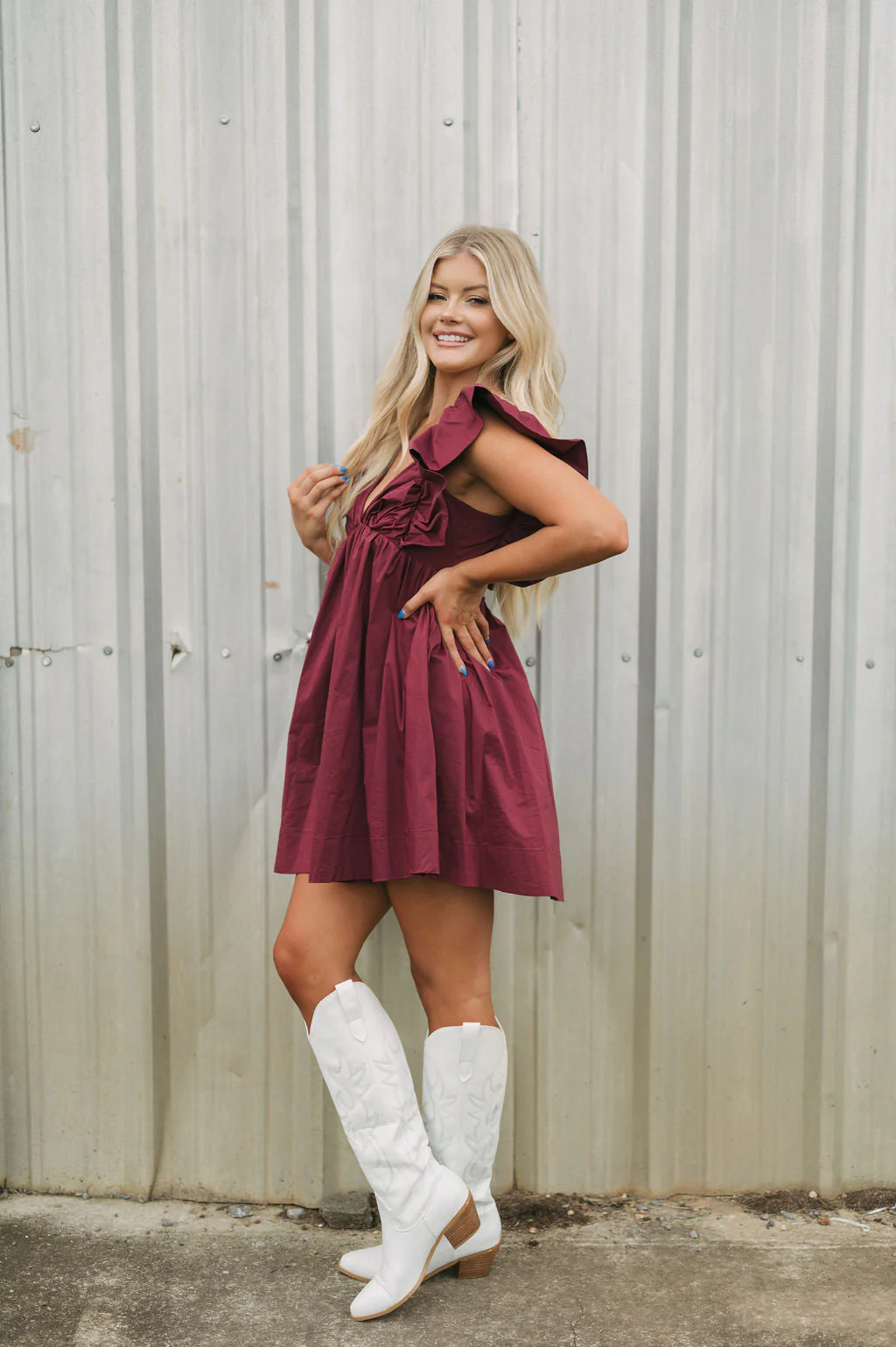 Tie Back Poplin Dress-Maroon