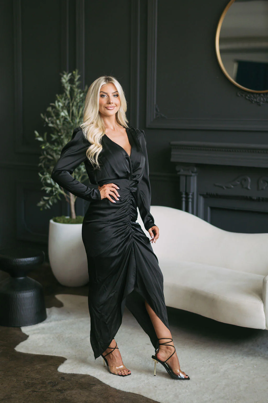 Shoulder Padded Plunge Neck Midi Dress