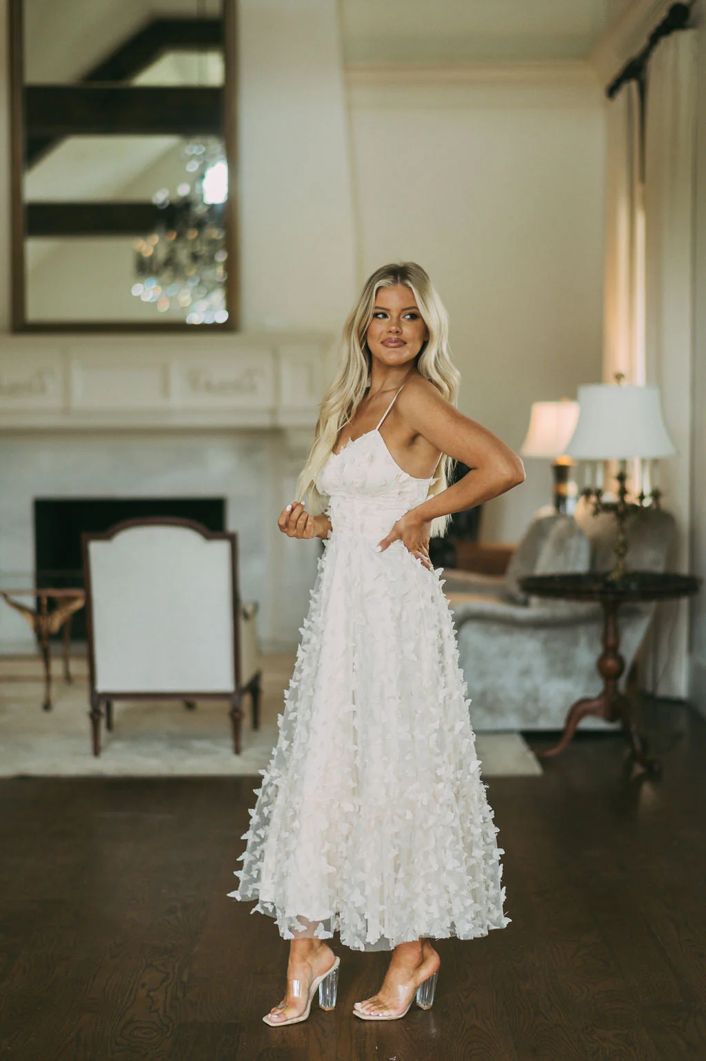 Butterfly Mesh Maxi Dress-Cream