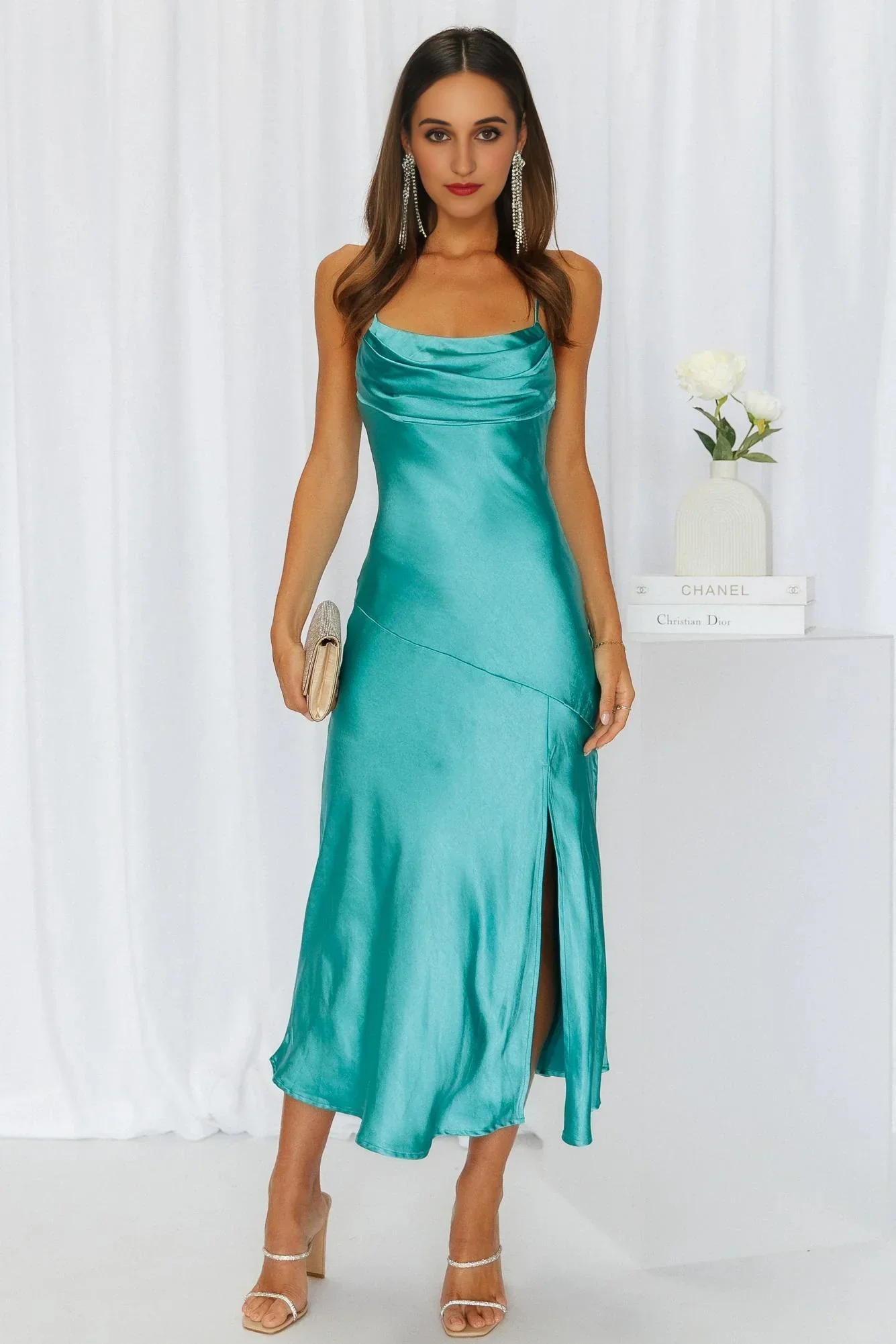 Lychee Martini Satin Midi Dress Aqua