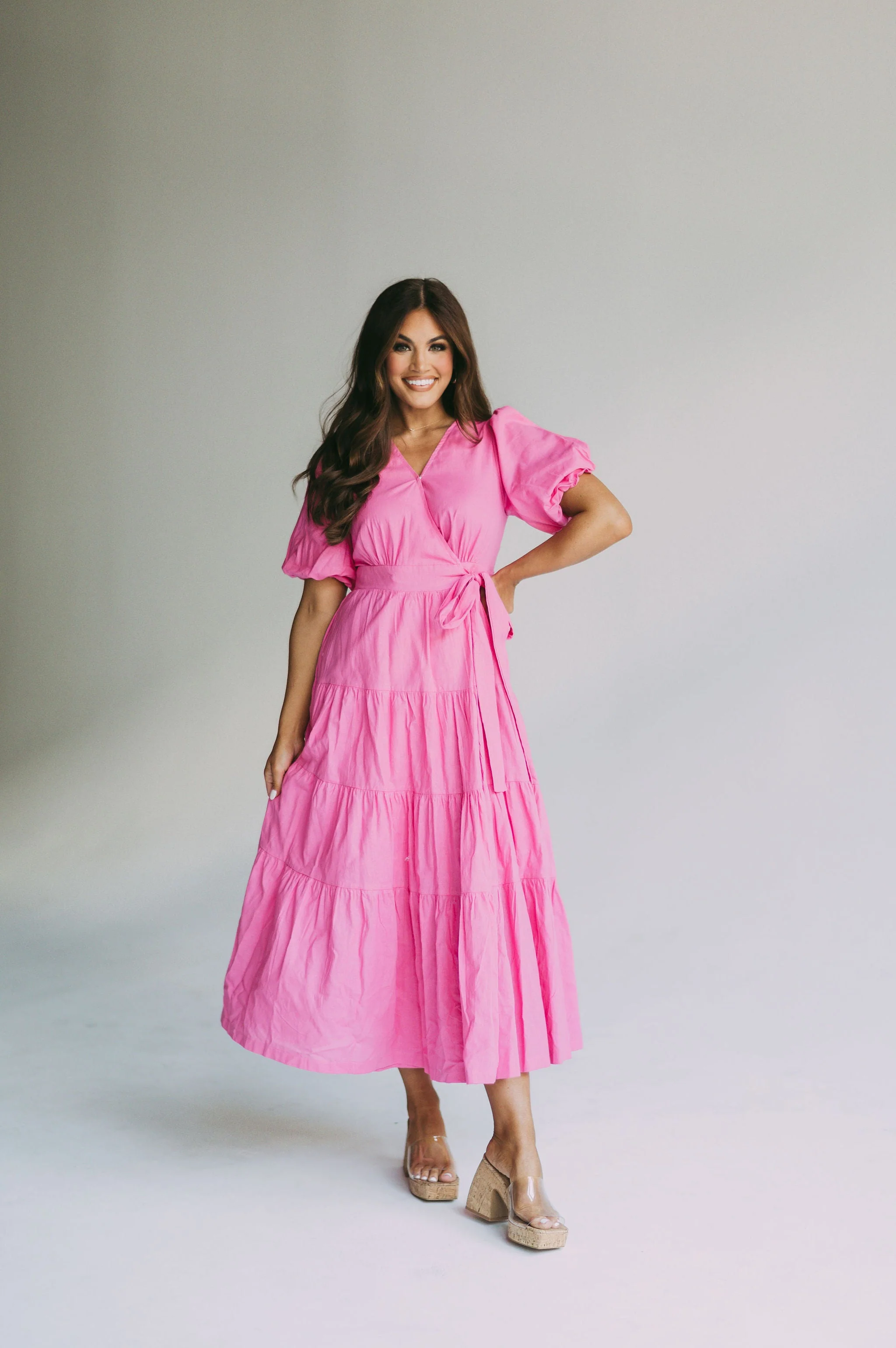 Puff Sleeve Midi Wrap Dress-Pink