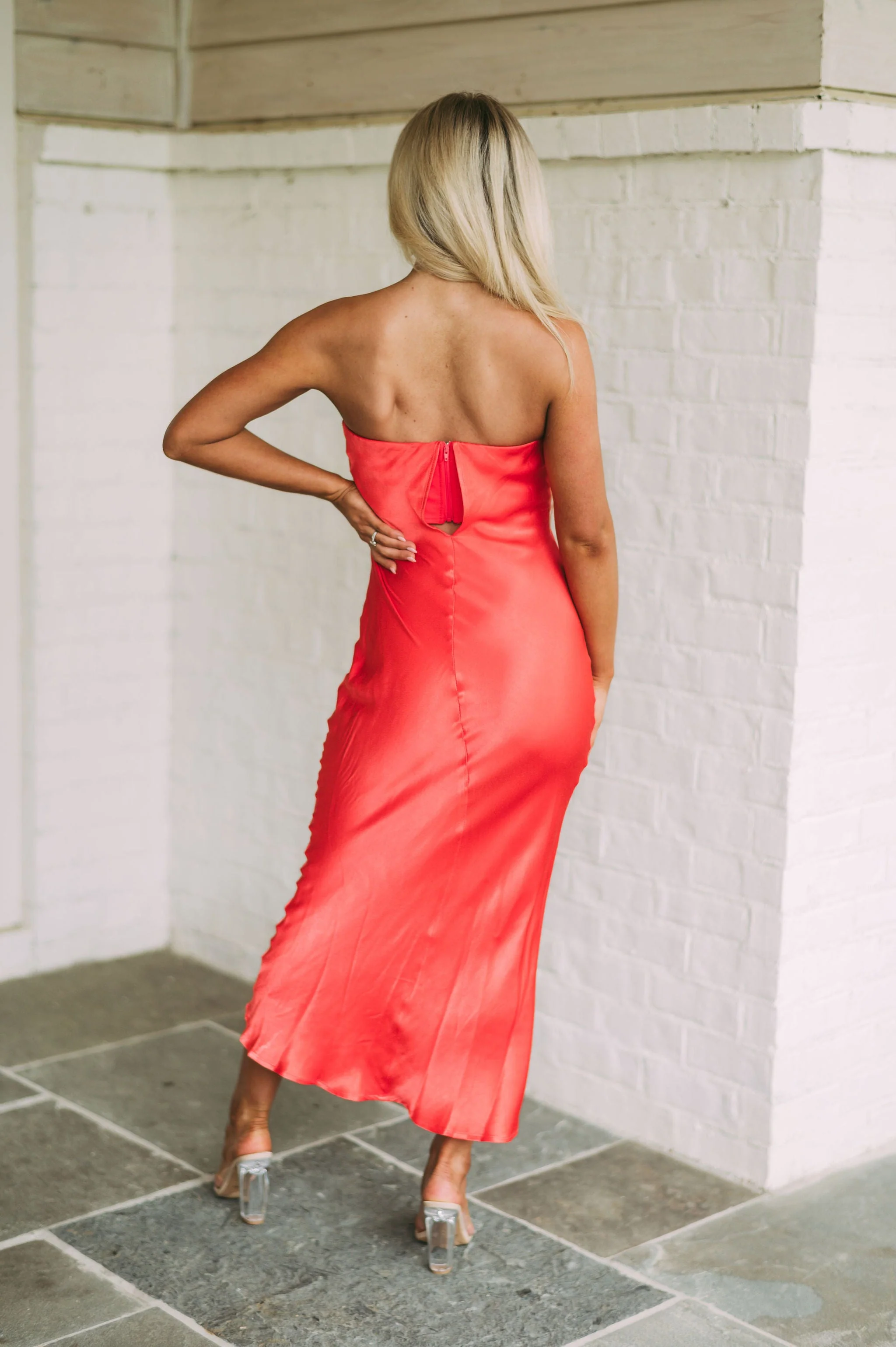Satin Strapless Midi DressCoral Red