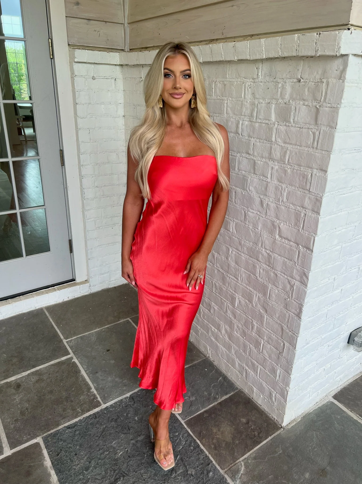 Satin Strapless Midi DressCoral Red