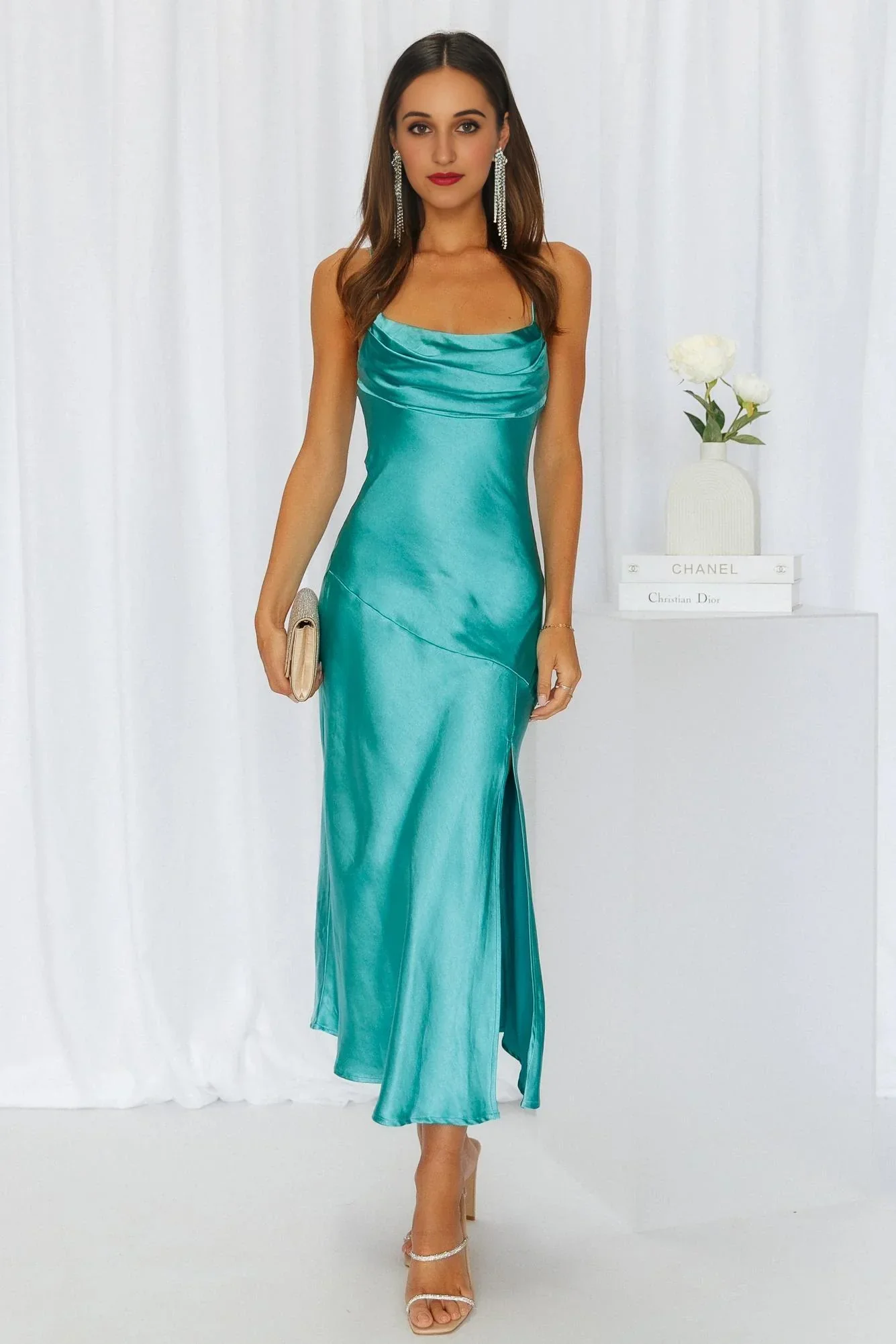 Lychee Martini Satin Midi Dress Aqua