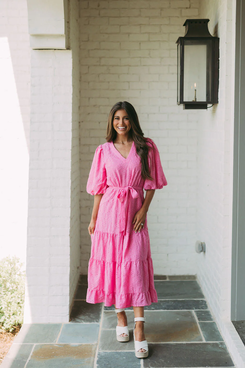 Eyelet Puff Sleeve Midi Dress