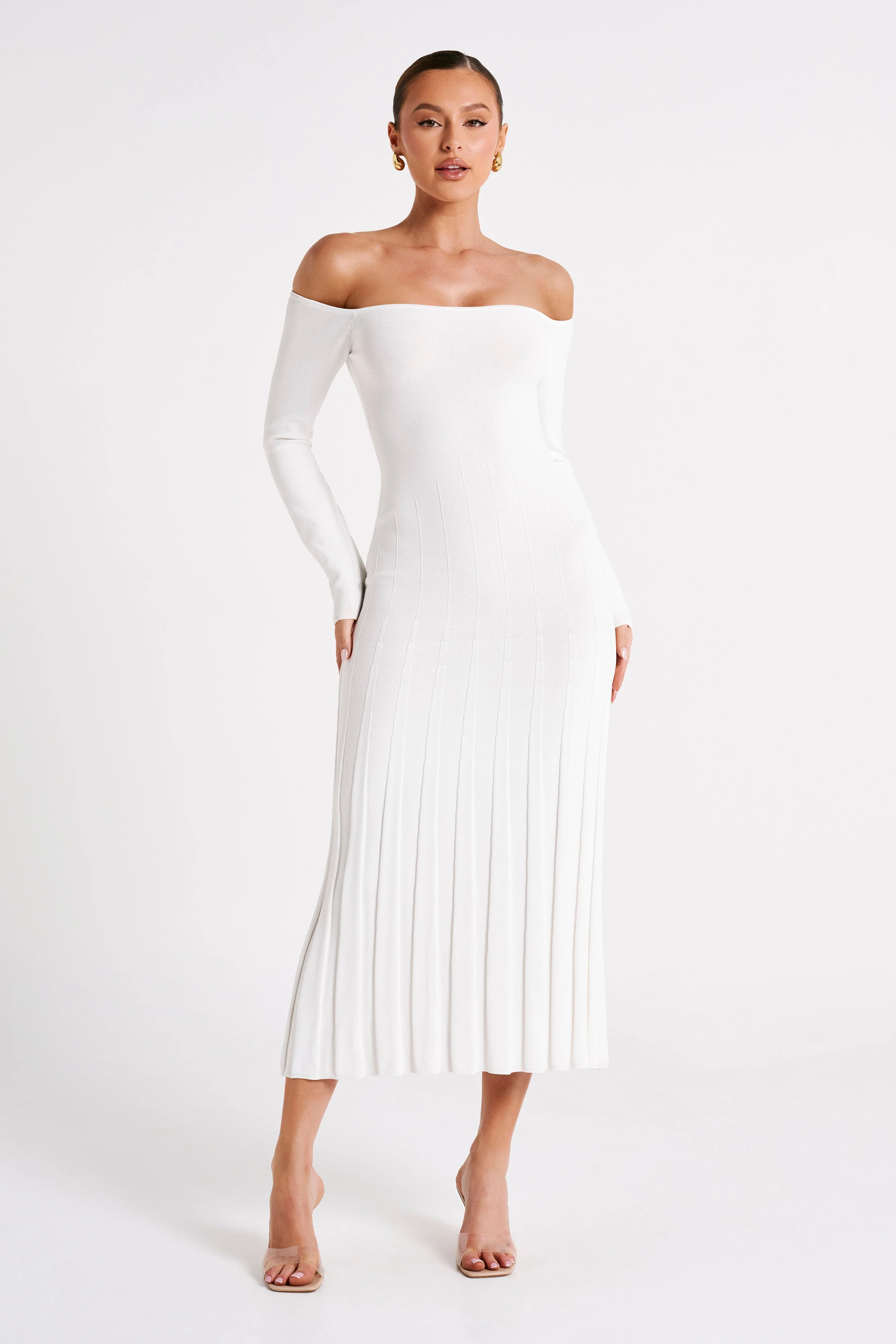 Emmeline Long Sleeve Rib Knit Midi Dress - White