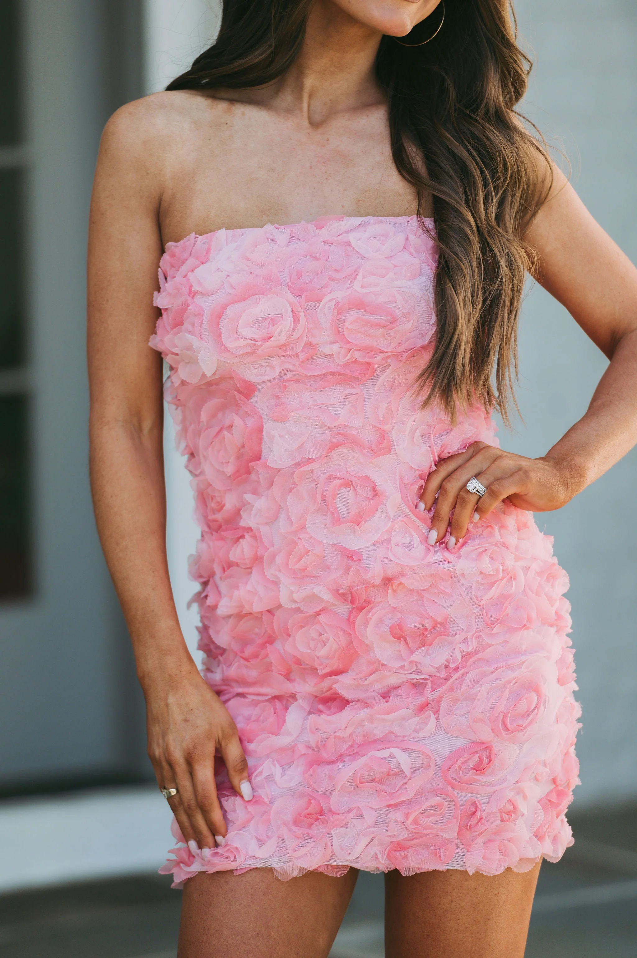 Strapless Textured Floral Dress-Pink