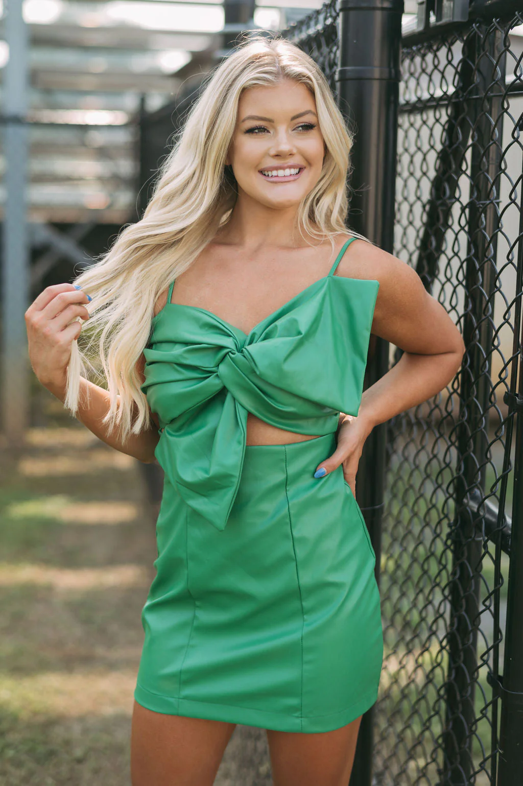 Faux Leather Bow DressGreen