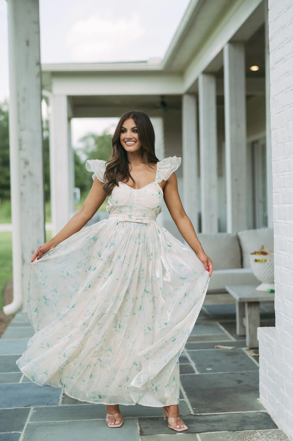 Organza Floral Maxi Dress-Cream/Green