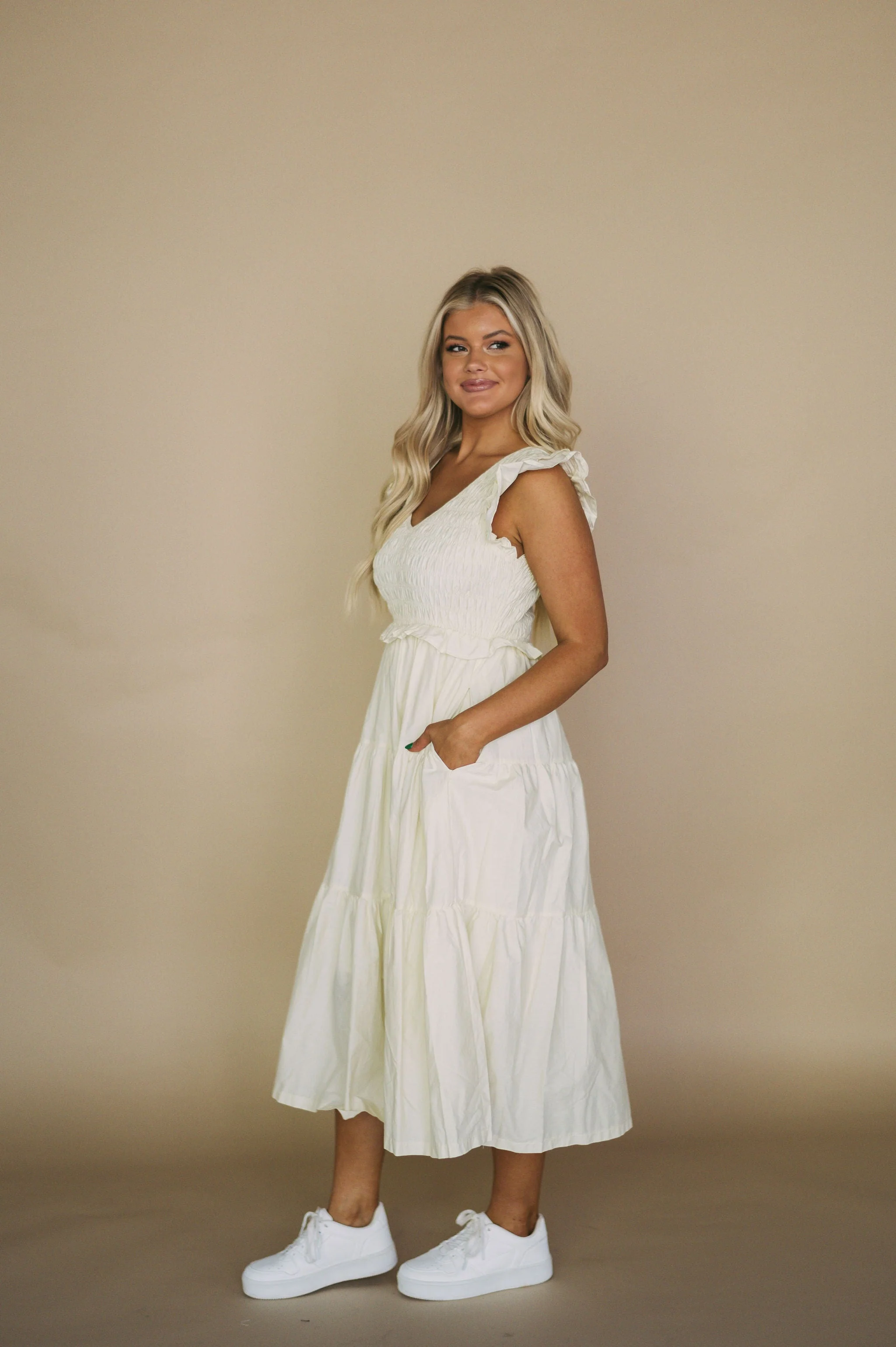 Smocked Tiered Midi Dress-Cream