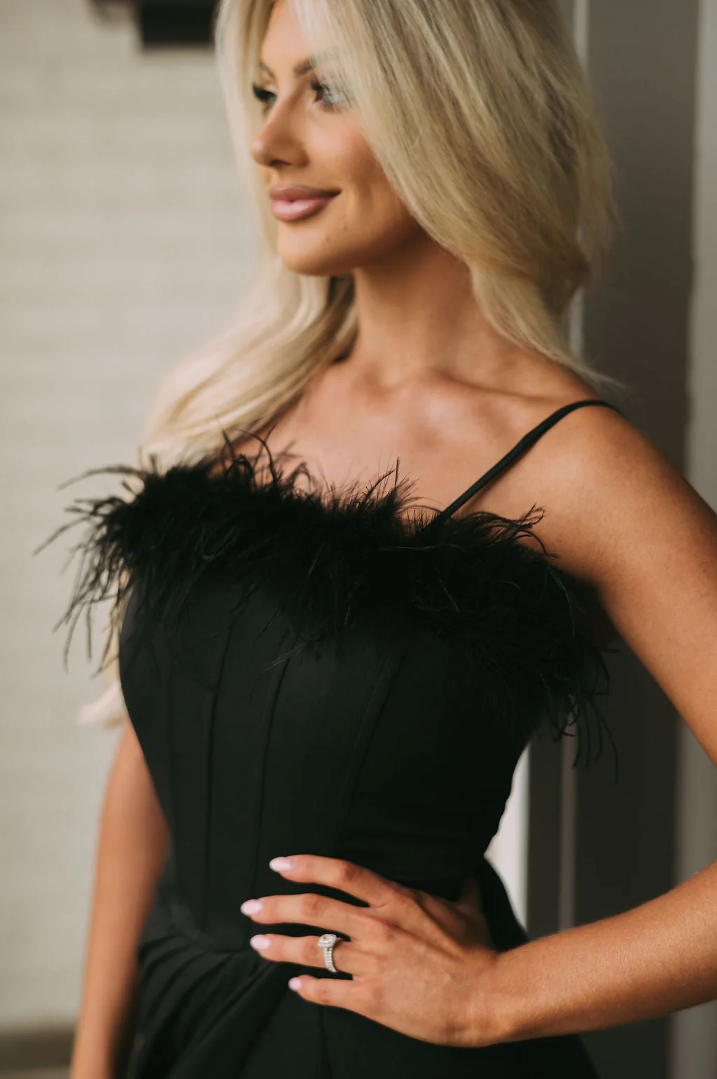 Feather Trim Overlay Midi Dress