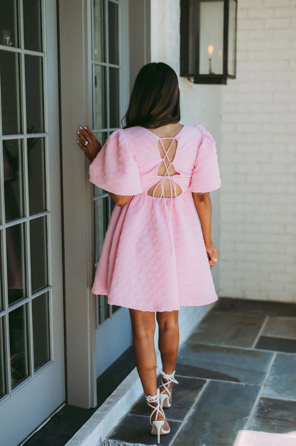 Textured Puff Sleeve Babydoll Dress-Pink