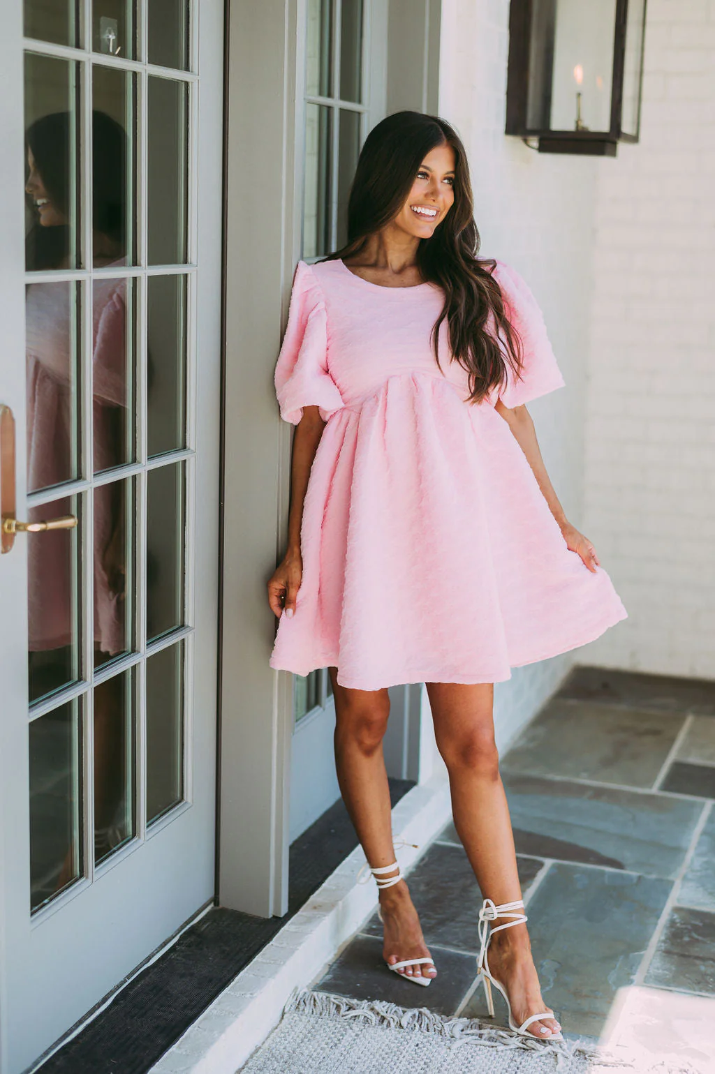 Textured Puff Sleeve Babydoll Dress-Pink