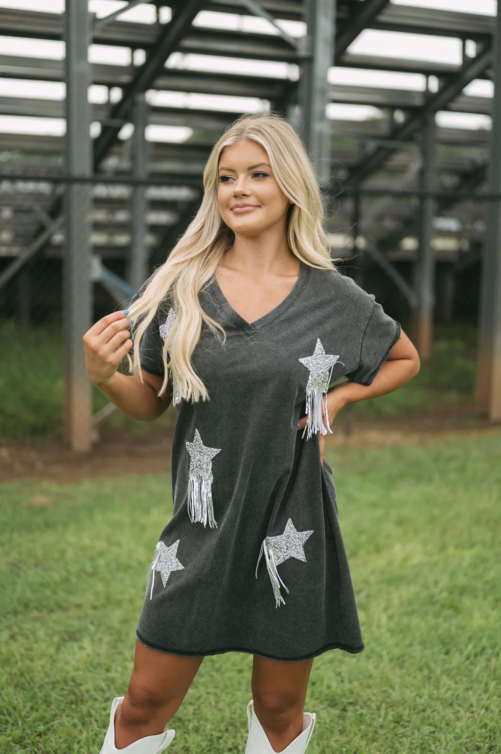 Star Embellished T-Shirt Dress-Washed Black