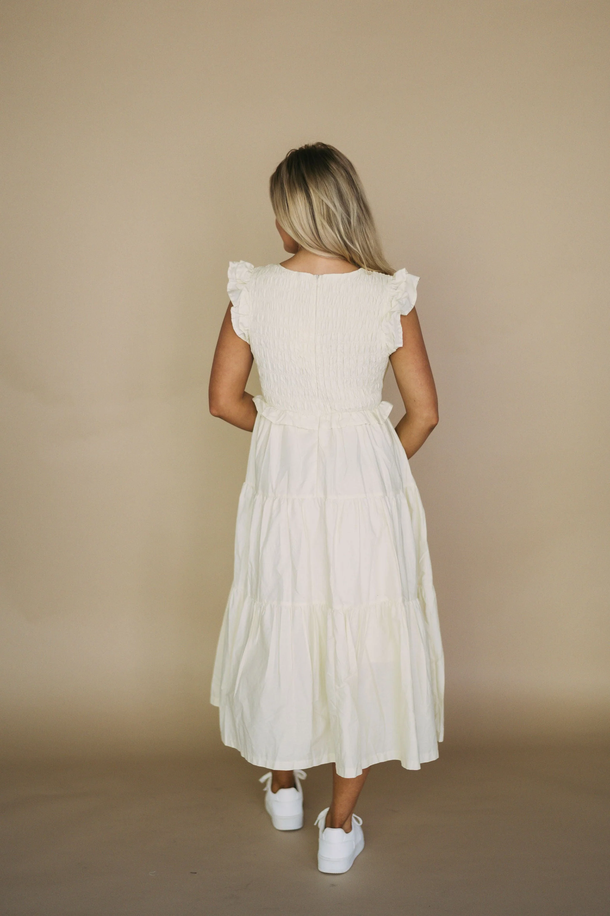Smocked Tiered Midi Dress-Cream