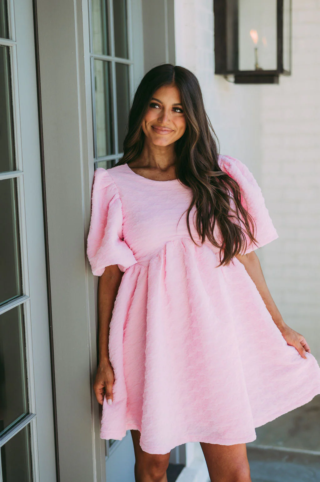 Textured Puff Sleeve Babydoll Dress-Pink