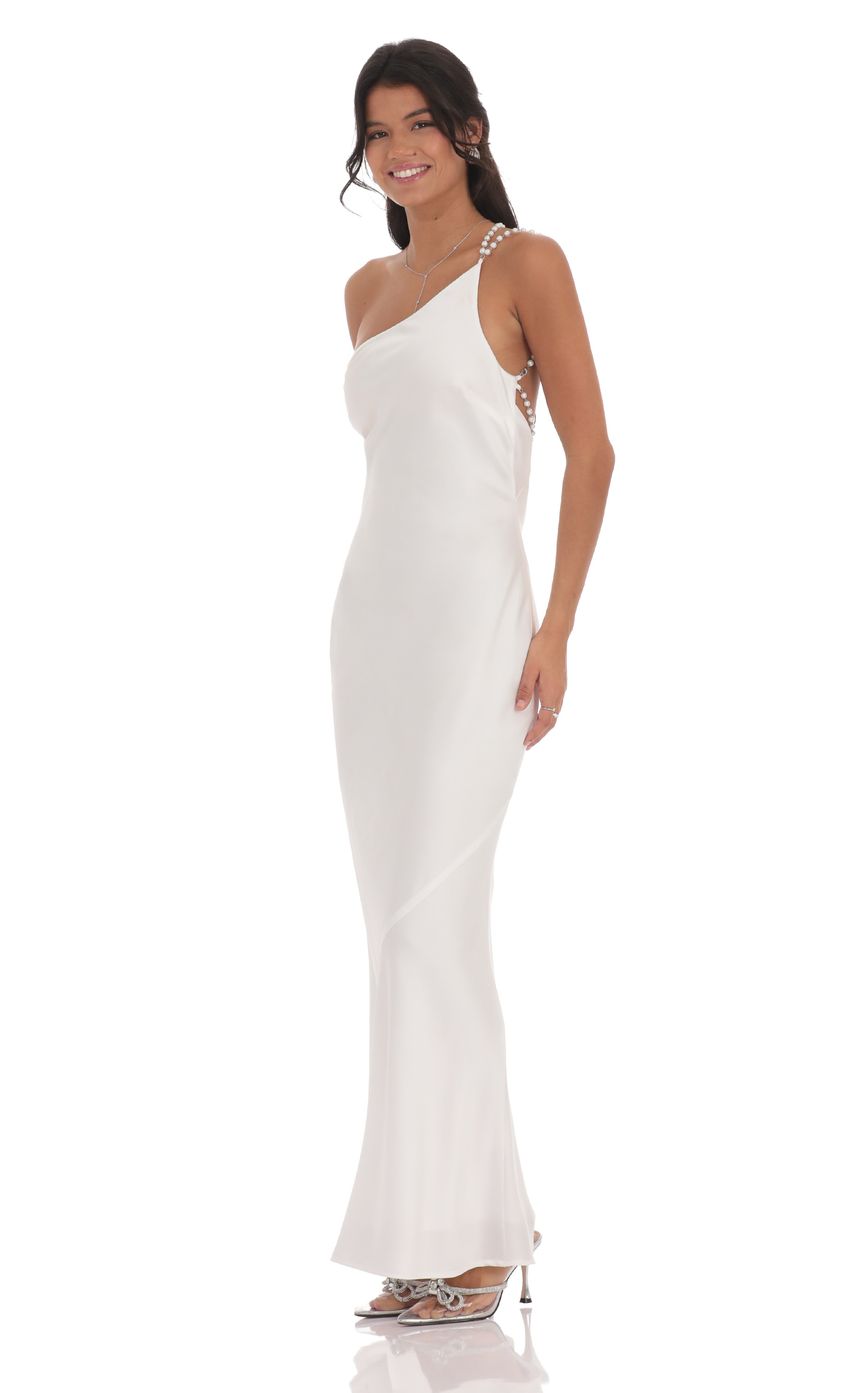 One Shoulder Pearl Satin Maxi Dress in White