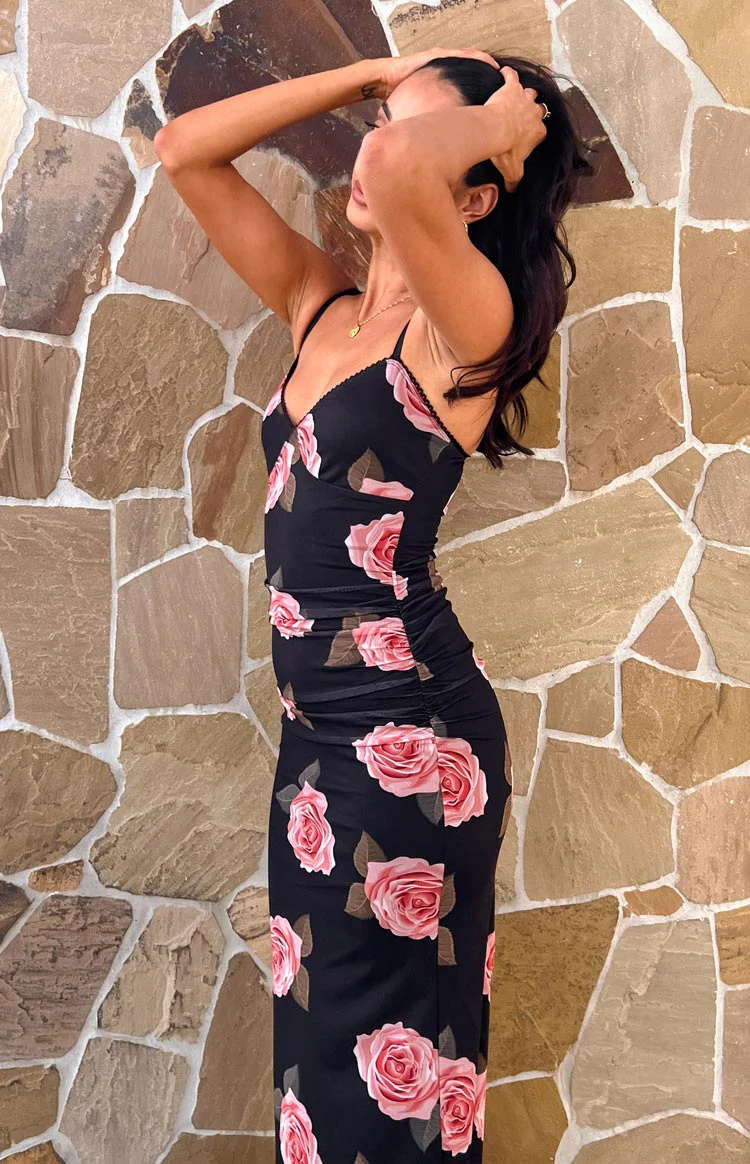 Capri Black Floral Mesh Midi Dress