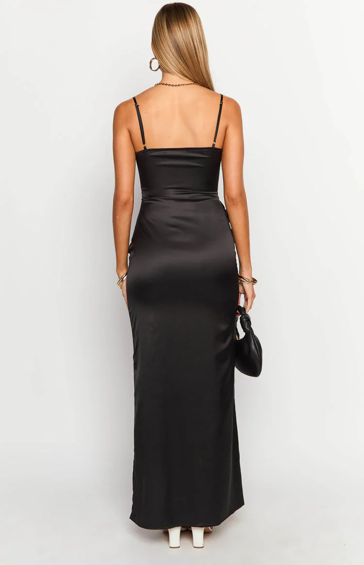 Nahanee Black Satin Ruffle Maxi Dress