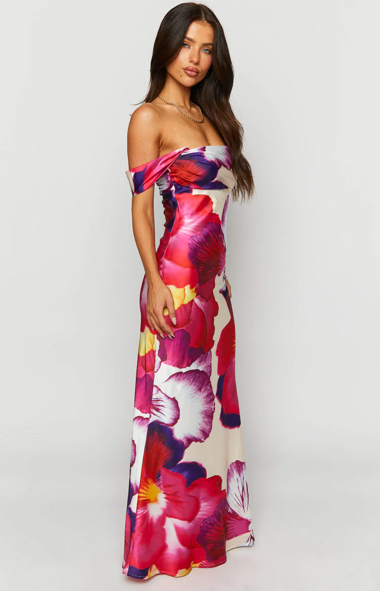 Ella Pink Floral Print Off Shoulder Formal Dress