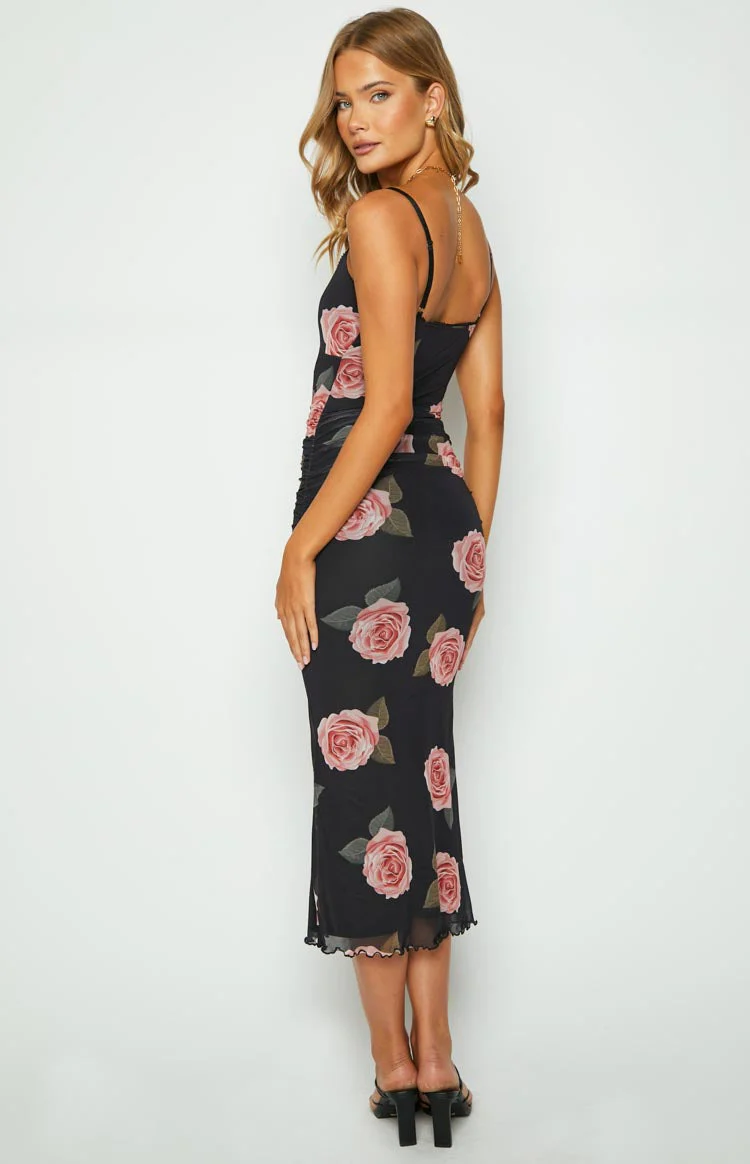 Capri Black Floral Mesh Midi Dress