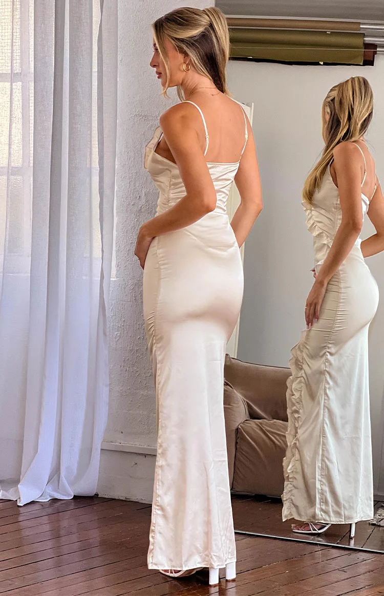 Nahanee Cream Satin Ruffle Maxi Dress