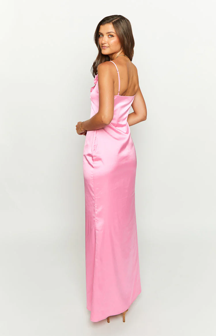 Nahanee Pink Satin Ruffle Maxi Dress