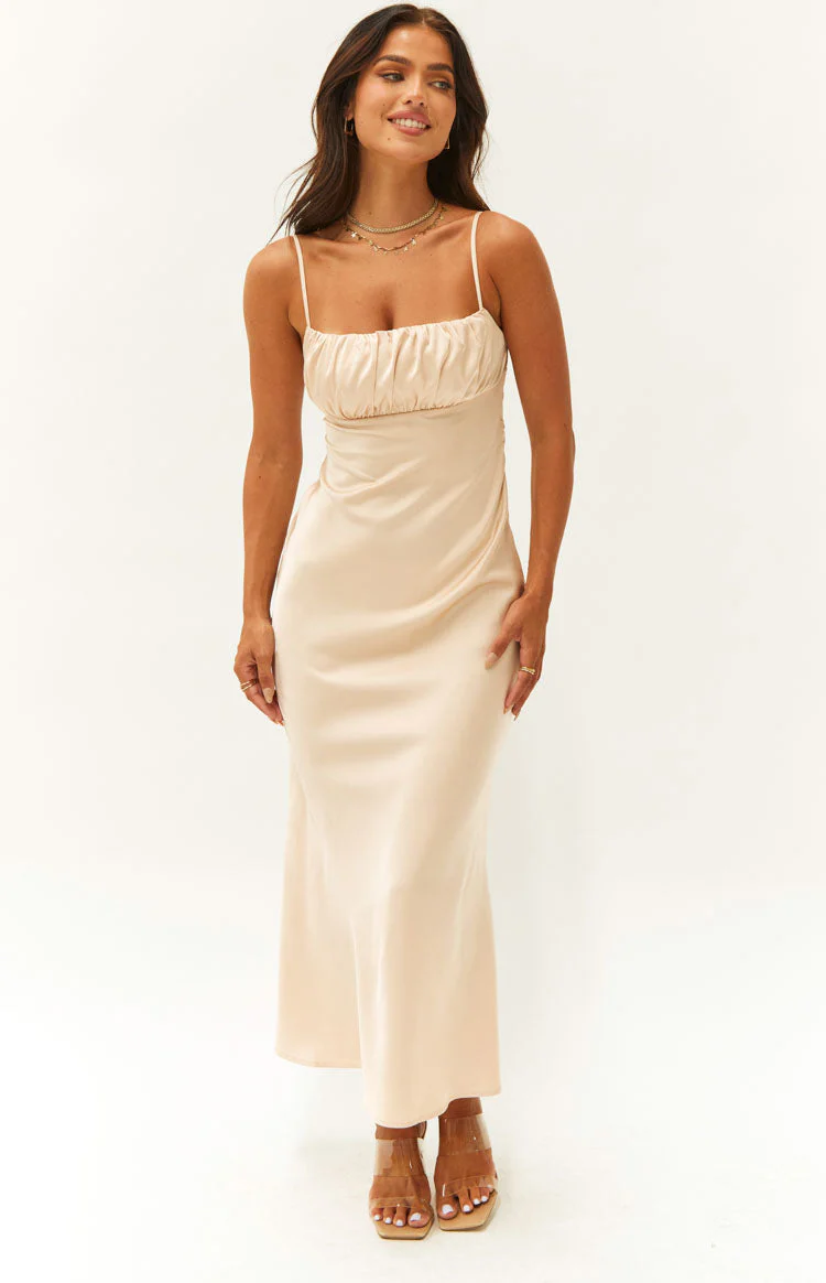Koralie Champagne Satin Formal Midi Dress