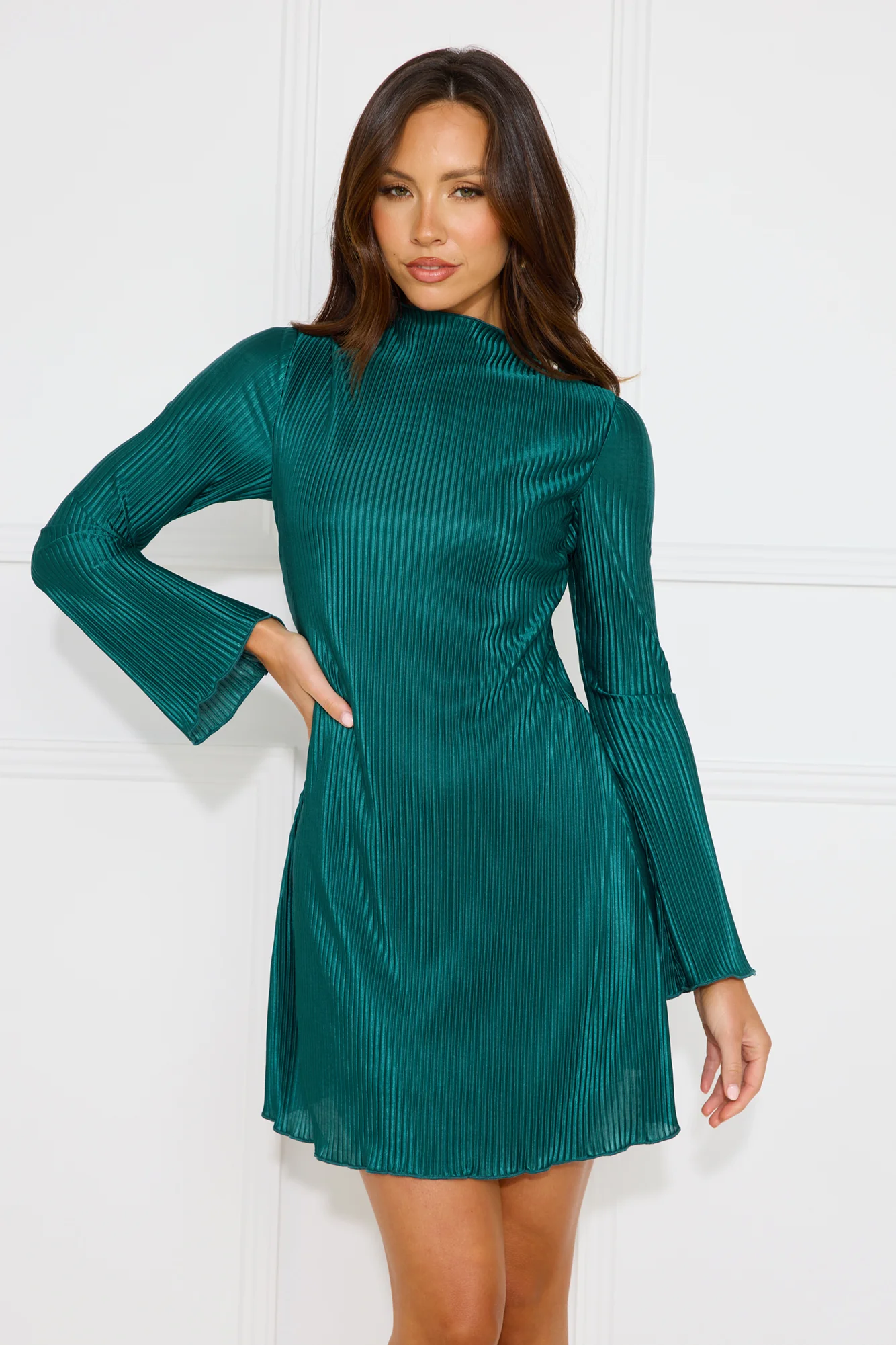 Evenings Of Luxury Plisse Long Sleeve Mini Dress Green