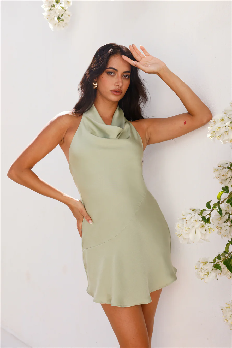 Party Nights Halter Satin Mini Dress Sage