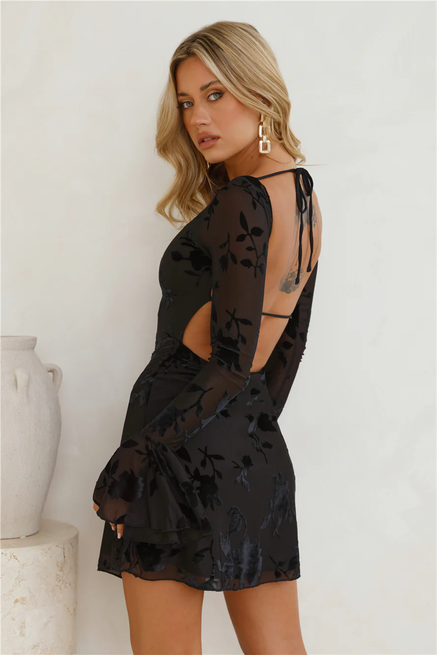 Golden Moon Long Sleeve Mini Dress Black