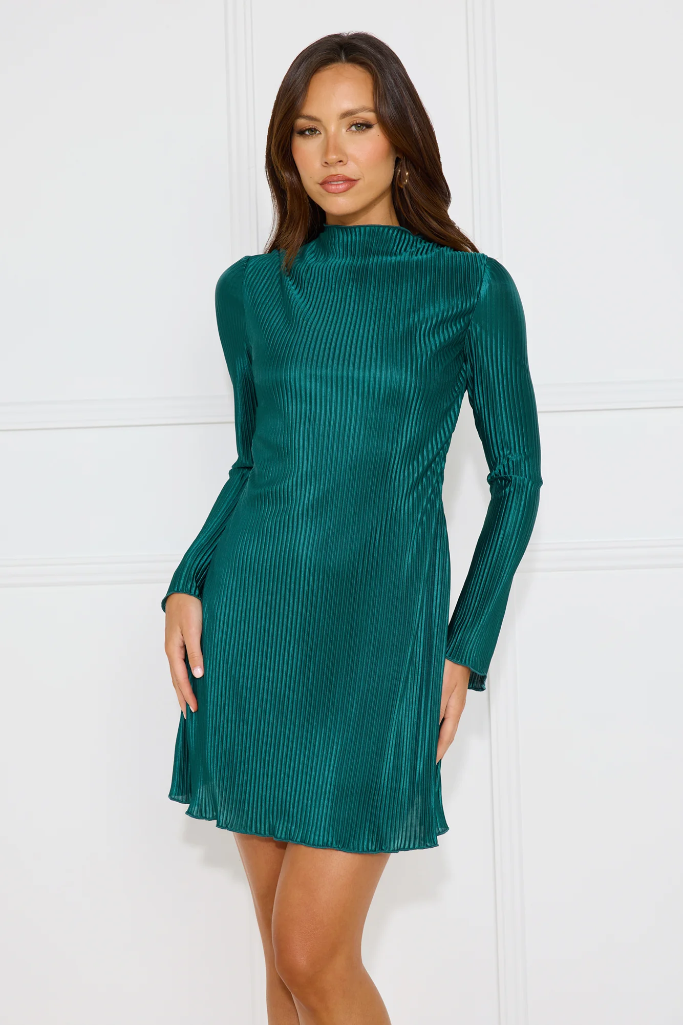 Evenings Of Luxury Plisse Long Sleeve Mini Dress Green
