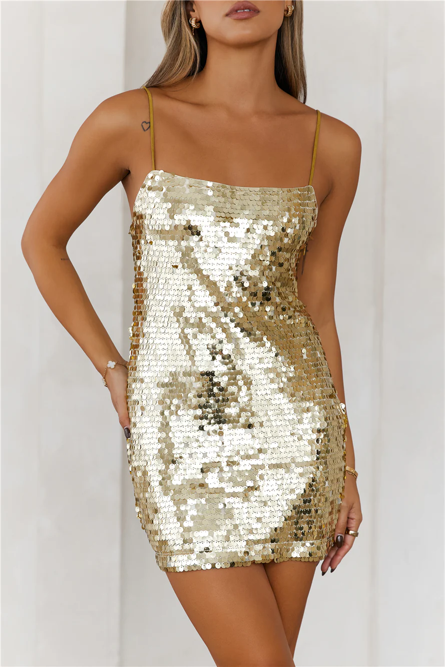 DIVALIFES Glistening Goddess Sequin Mini Dress Gold