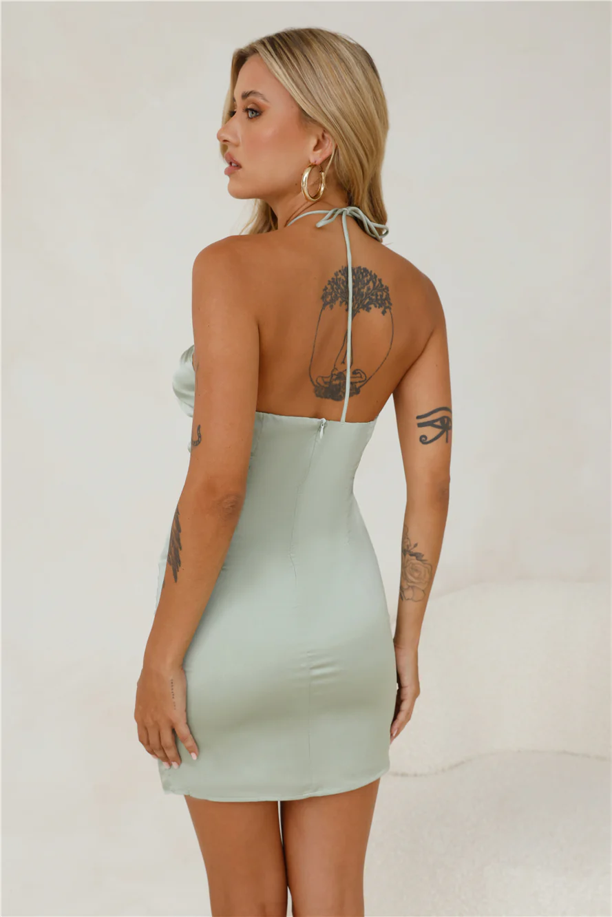 Brunch By The River Satin Mini Dress Sage