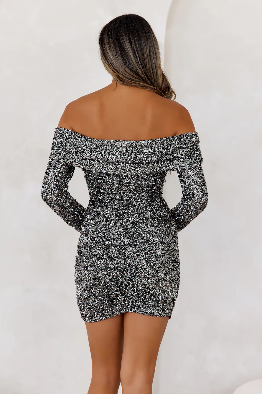 Shiny Side Off Shoulder Sequin Mini Dress Gunmetal