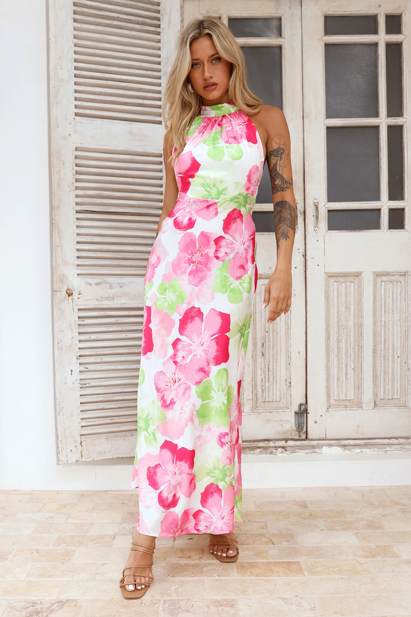 Distant Now Satin Halter Maxi Dress Pink