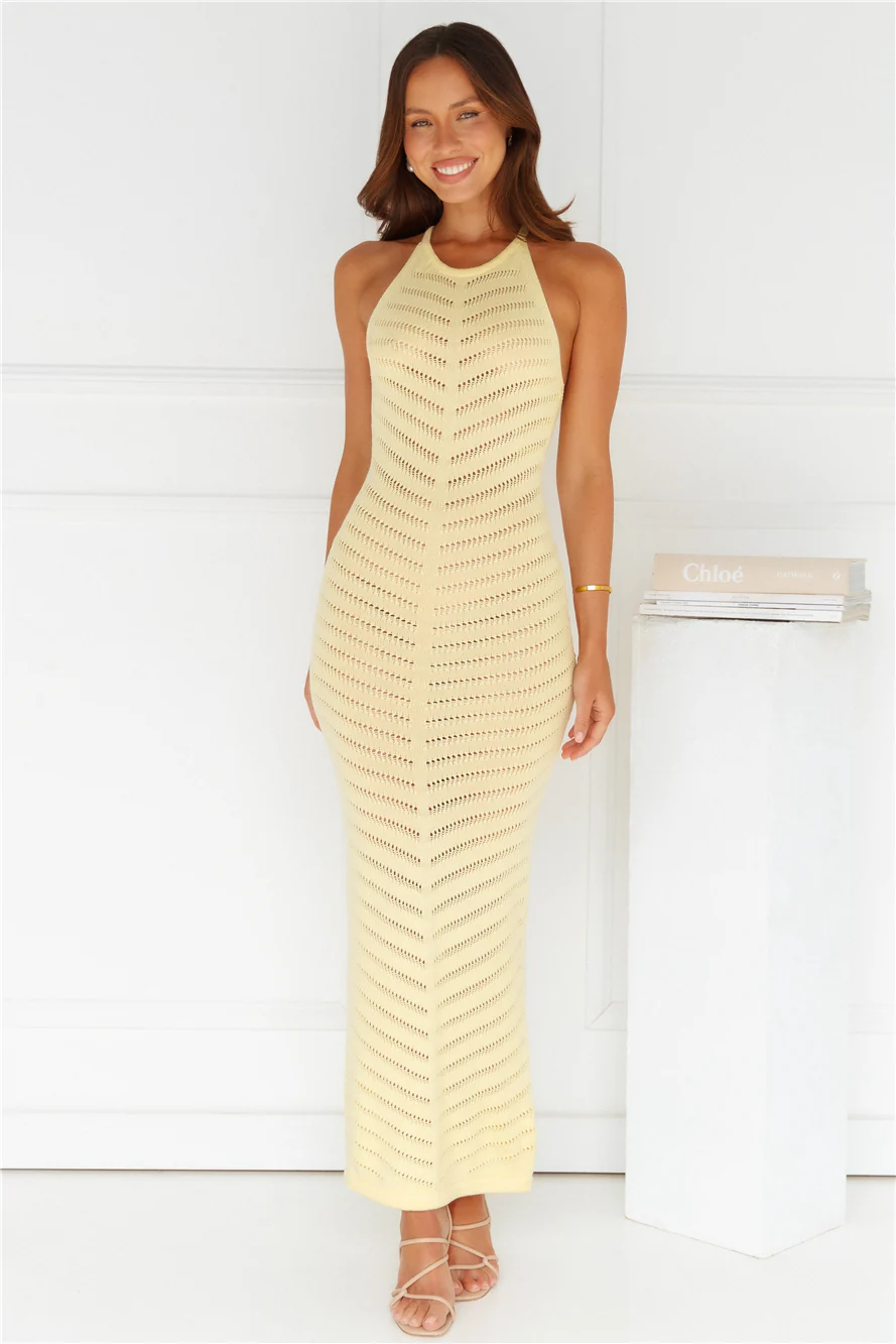 Sandy Sea Knit Halter Midi Dress Yellow