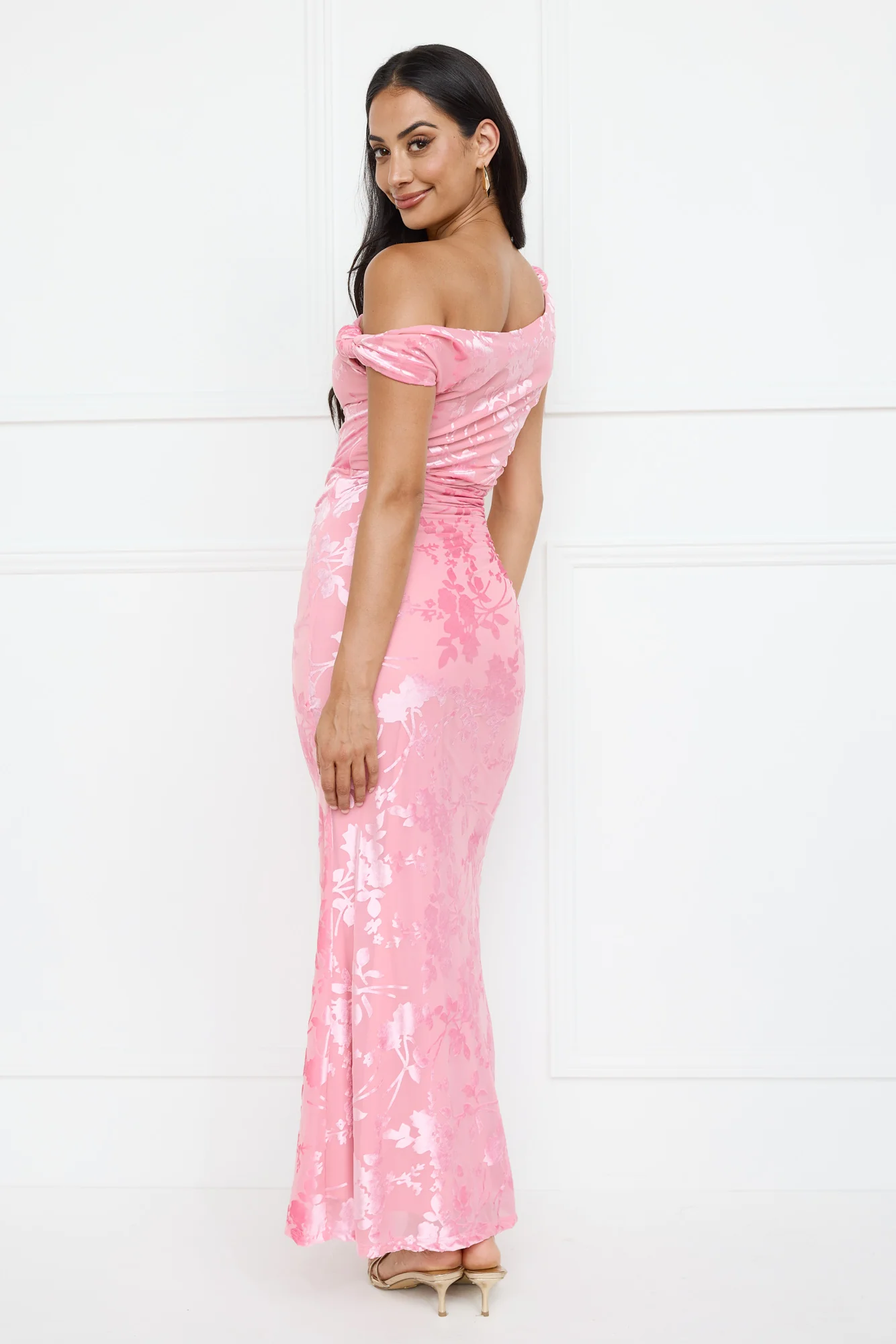 Sultry Poise Mesh Off Shoulder Maxi Dress Pink
