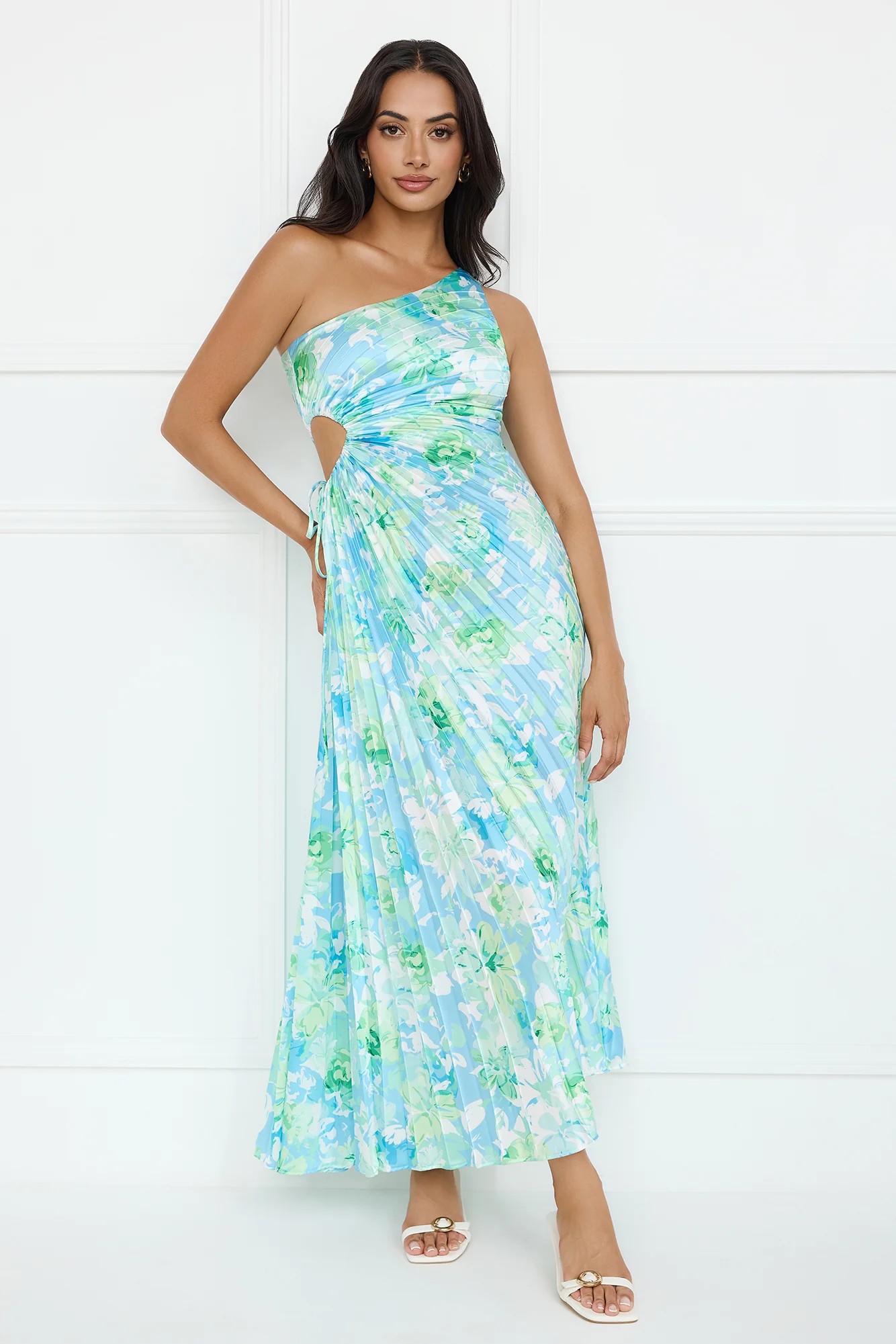 Emerald Ice One Shoulder Satin Pleated Maxi Dress Blue