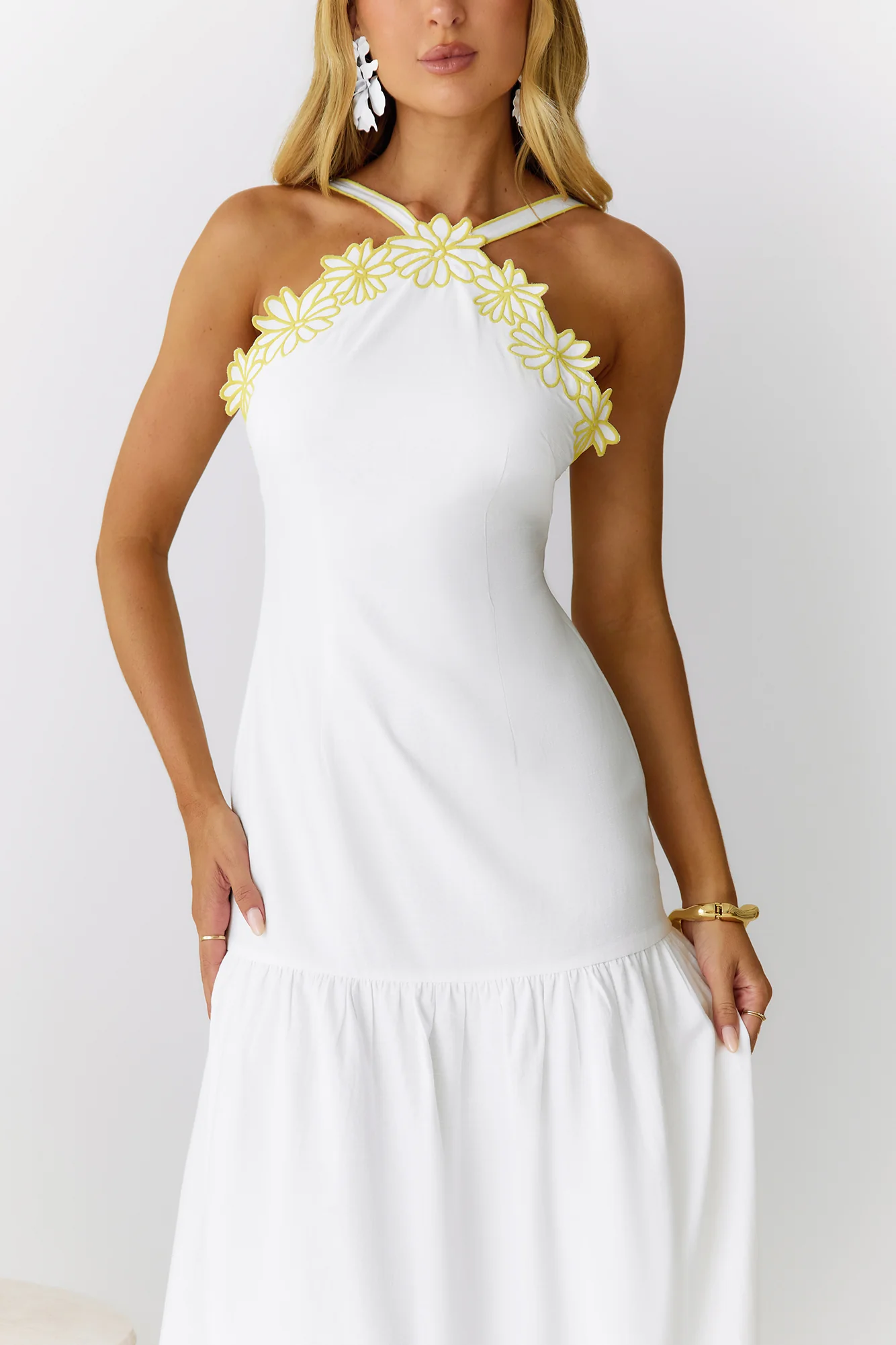 Golden Petals Midi Dress White