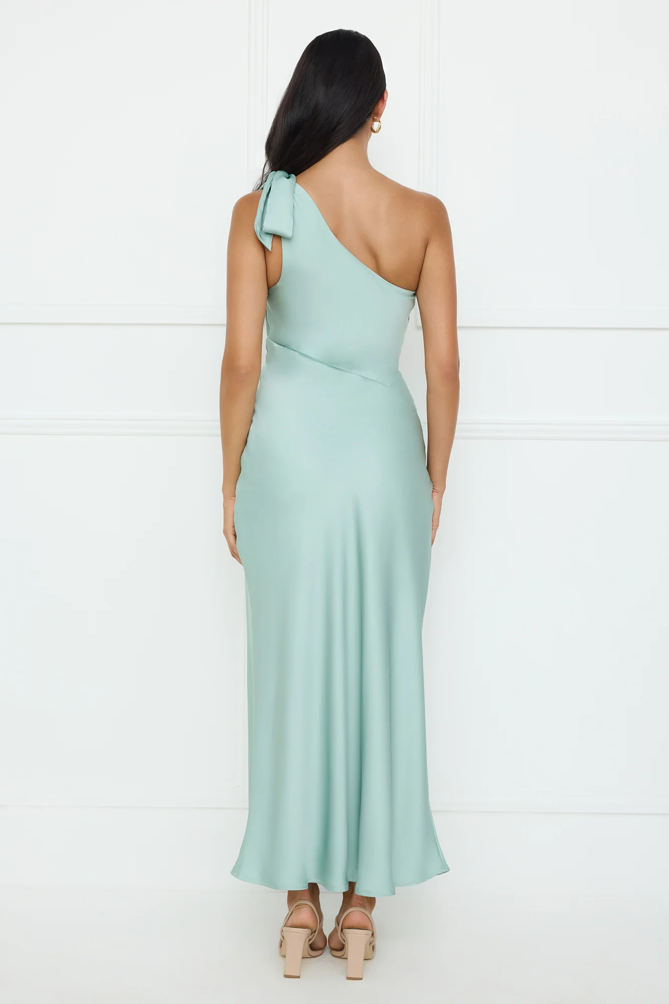Night Of Distinction One Shoulder Satin Maxi Dress Sage